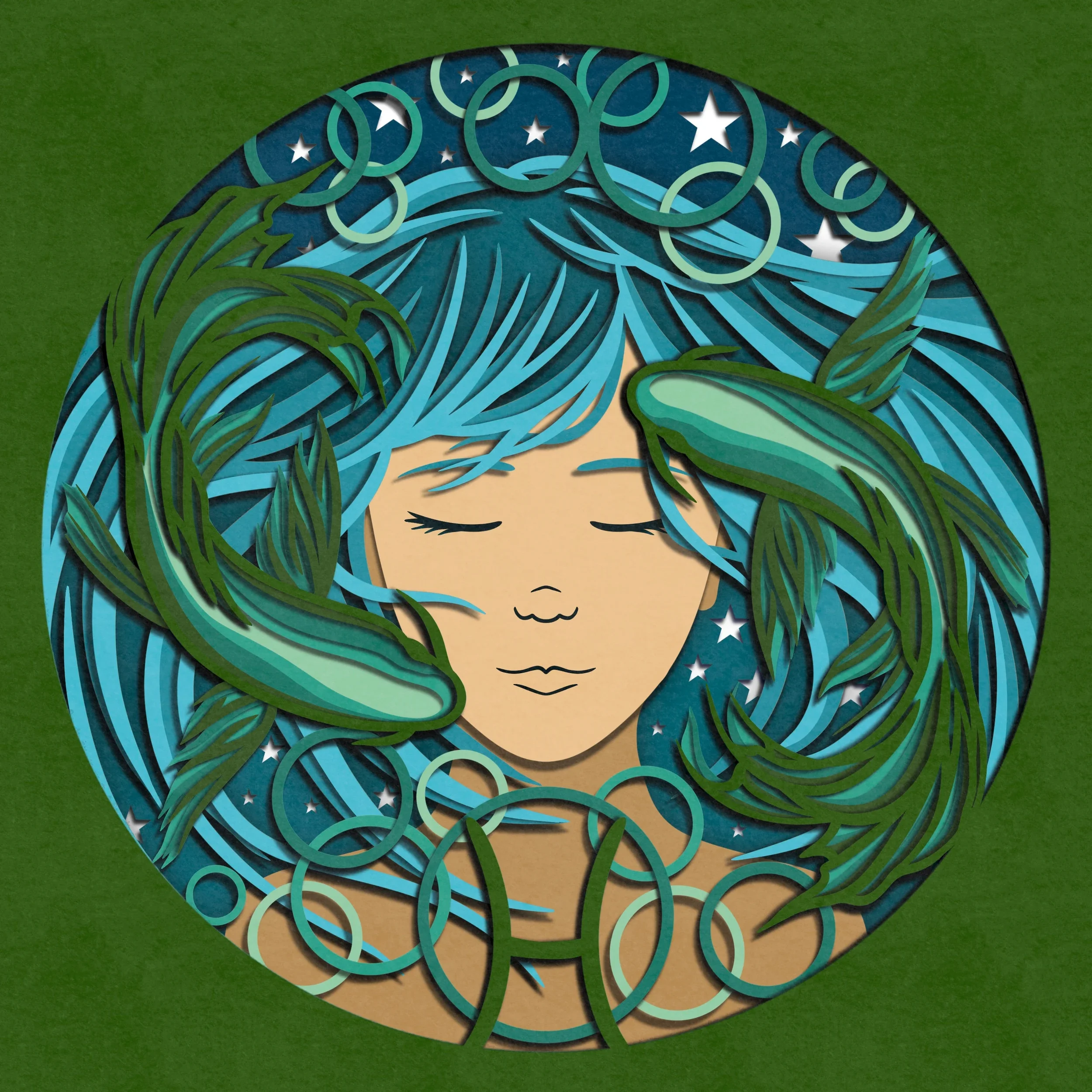 A stylized illustration of a girl with closed eyes and blue hair, surrounded by green fish and aquatic elements, with a zodiac sign at the bottom.