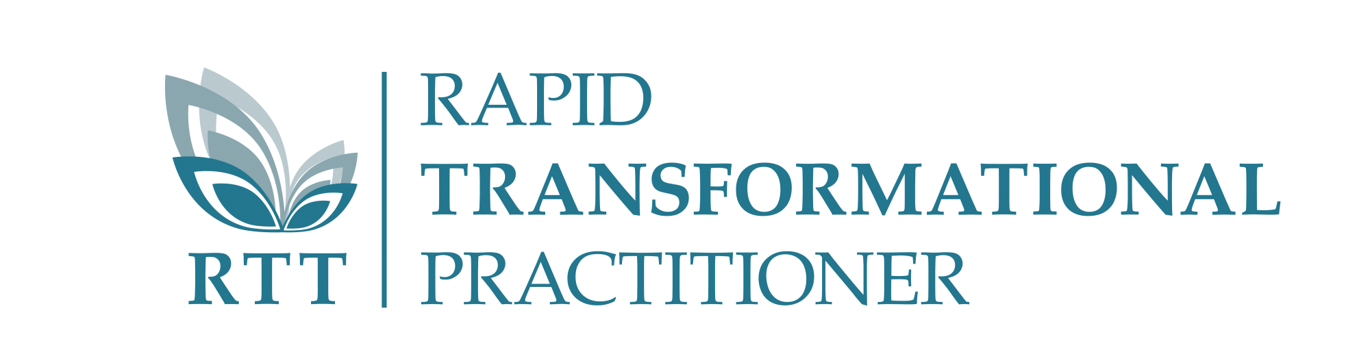 Logo for Rapid Transformational Practitioner with stylized blue flower design and text.