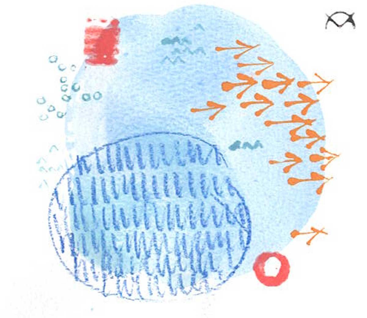 Abstract watercolor design exploring mark-making with blue, green, red, and orange shapes and patterns.