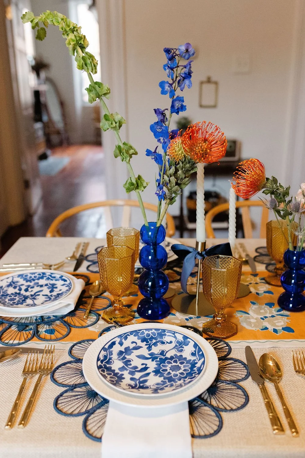 Colorful wedding tablescape inside Vaux Studio