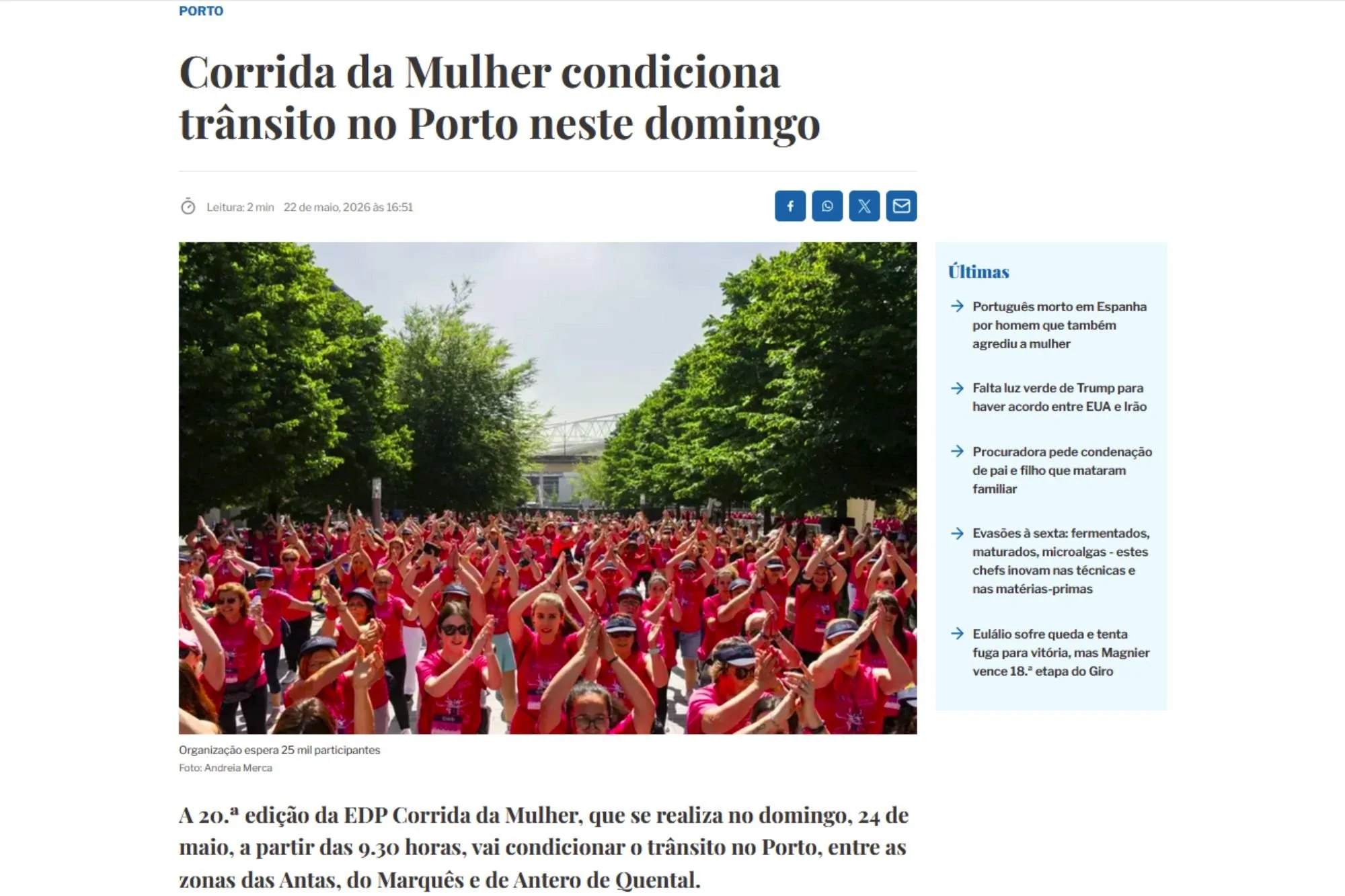 Corrida da Mulher condiciona trânsito no Porto neste domingo