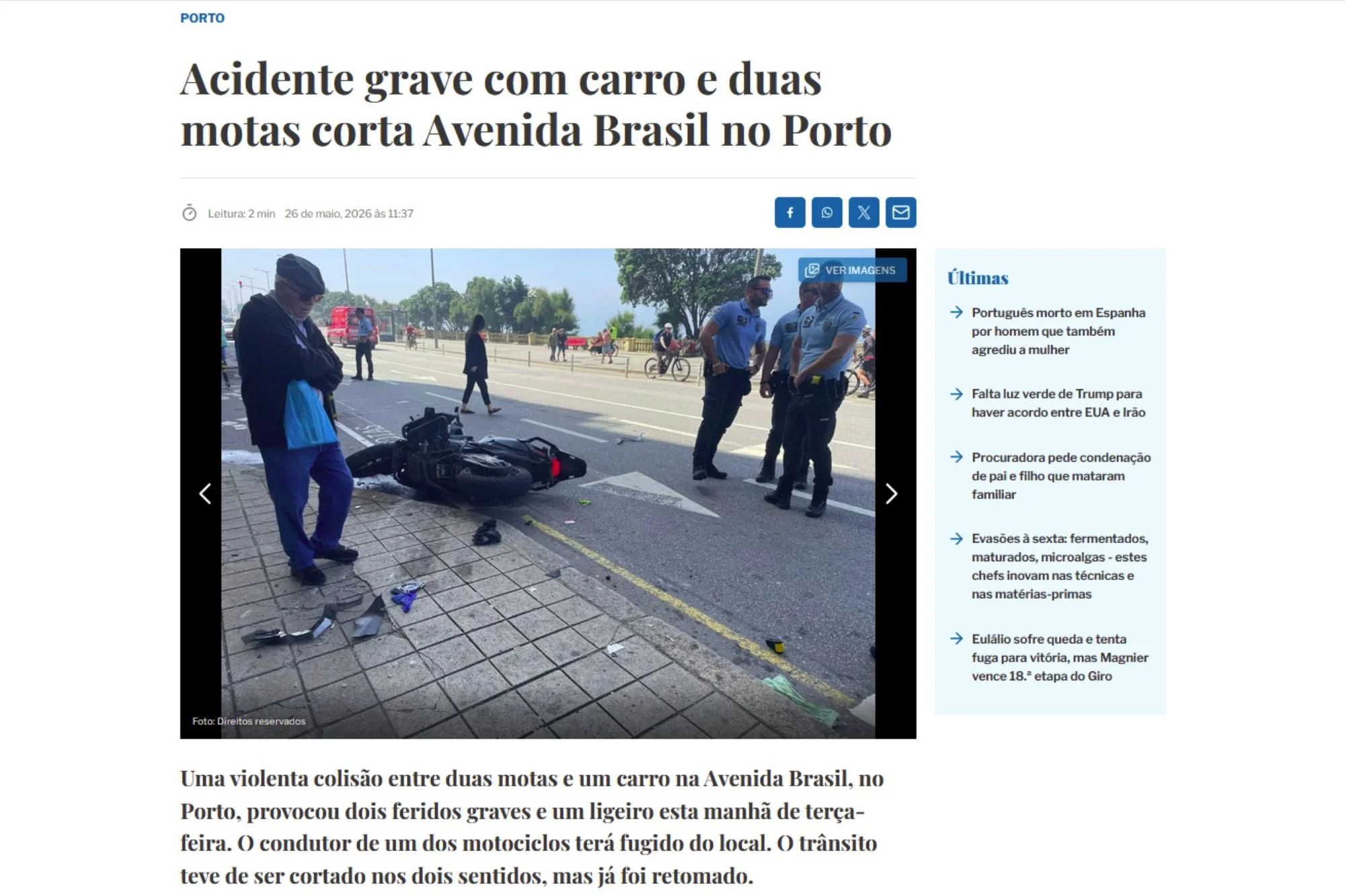 Acidente grave com carro e duas motas corta Avenida Brasil no Porto