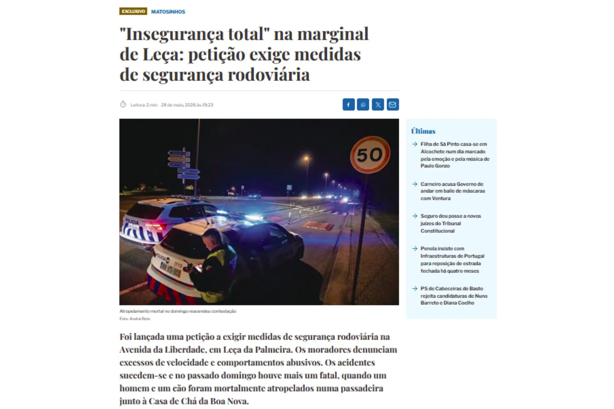 "Insegurança total" na marginal de Leça: petição exige medidas de segurança rodoviária