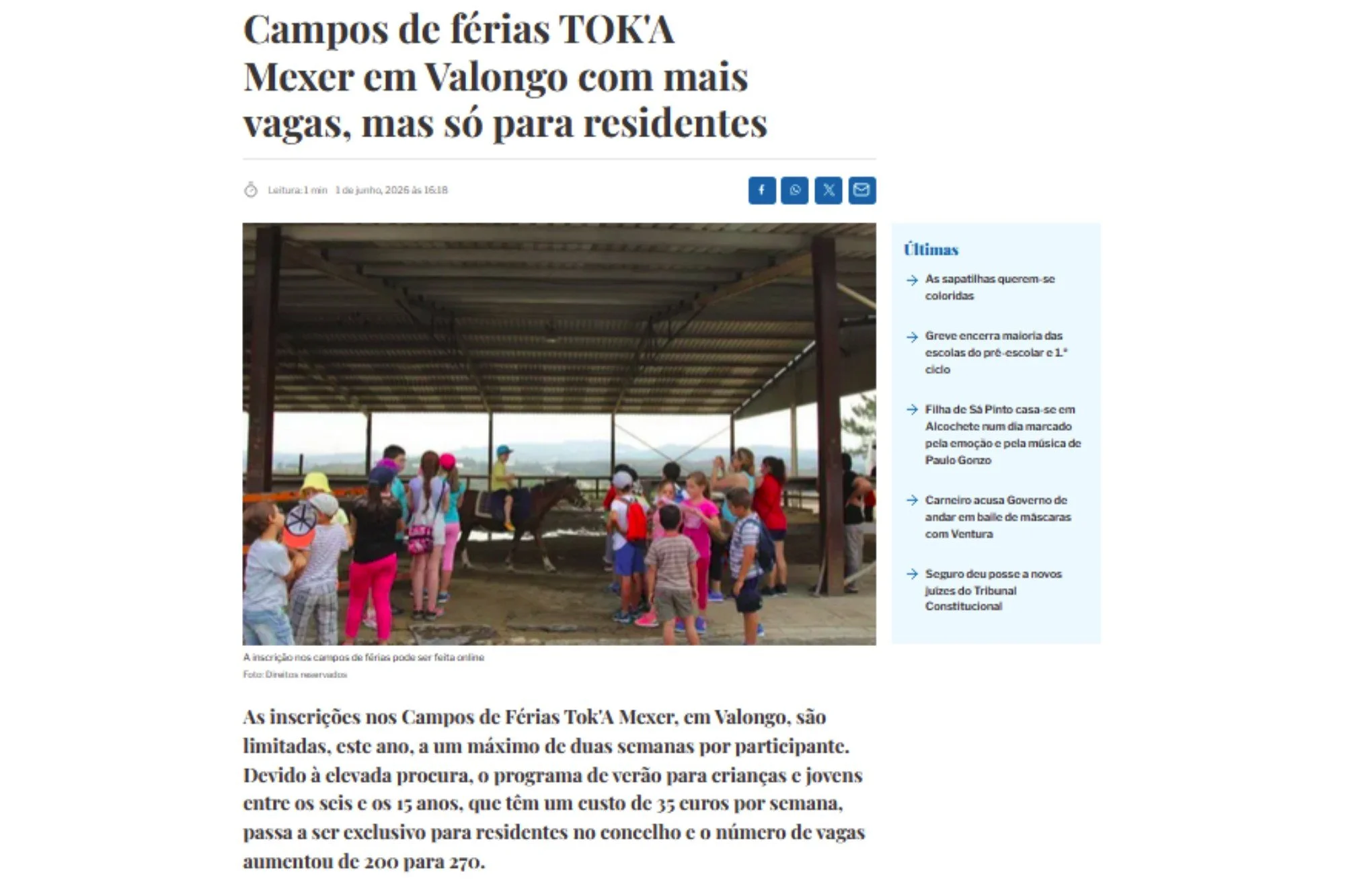 Campos de férias TOK'A Mexer em Valongo com mais vagas, mas só para residentes