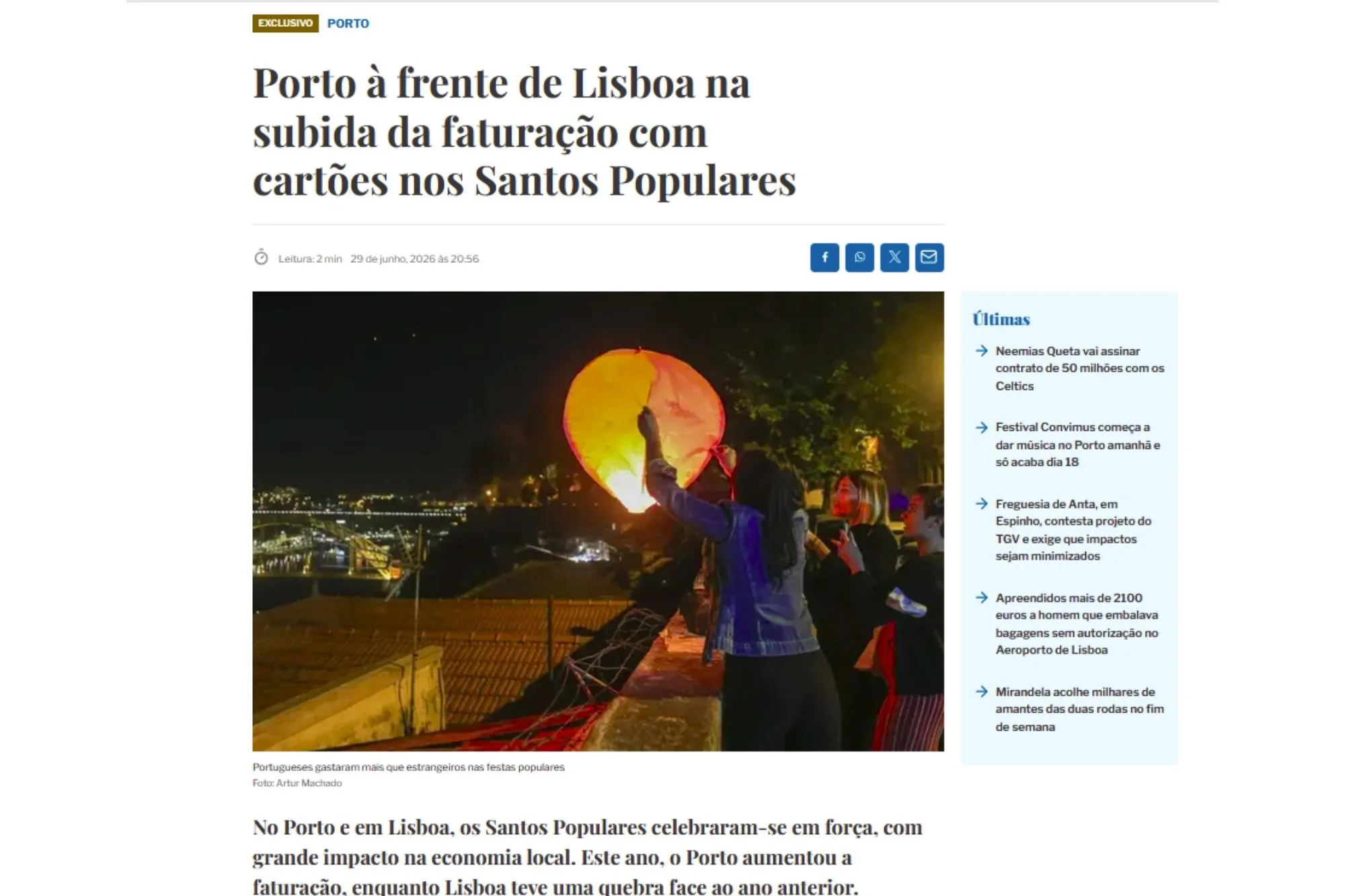 Porto à frente de Lisboa na subida da faturação com cartões nos Santos Populares
