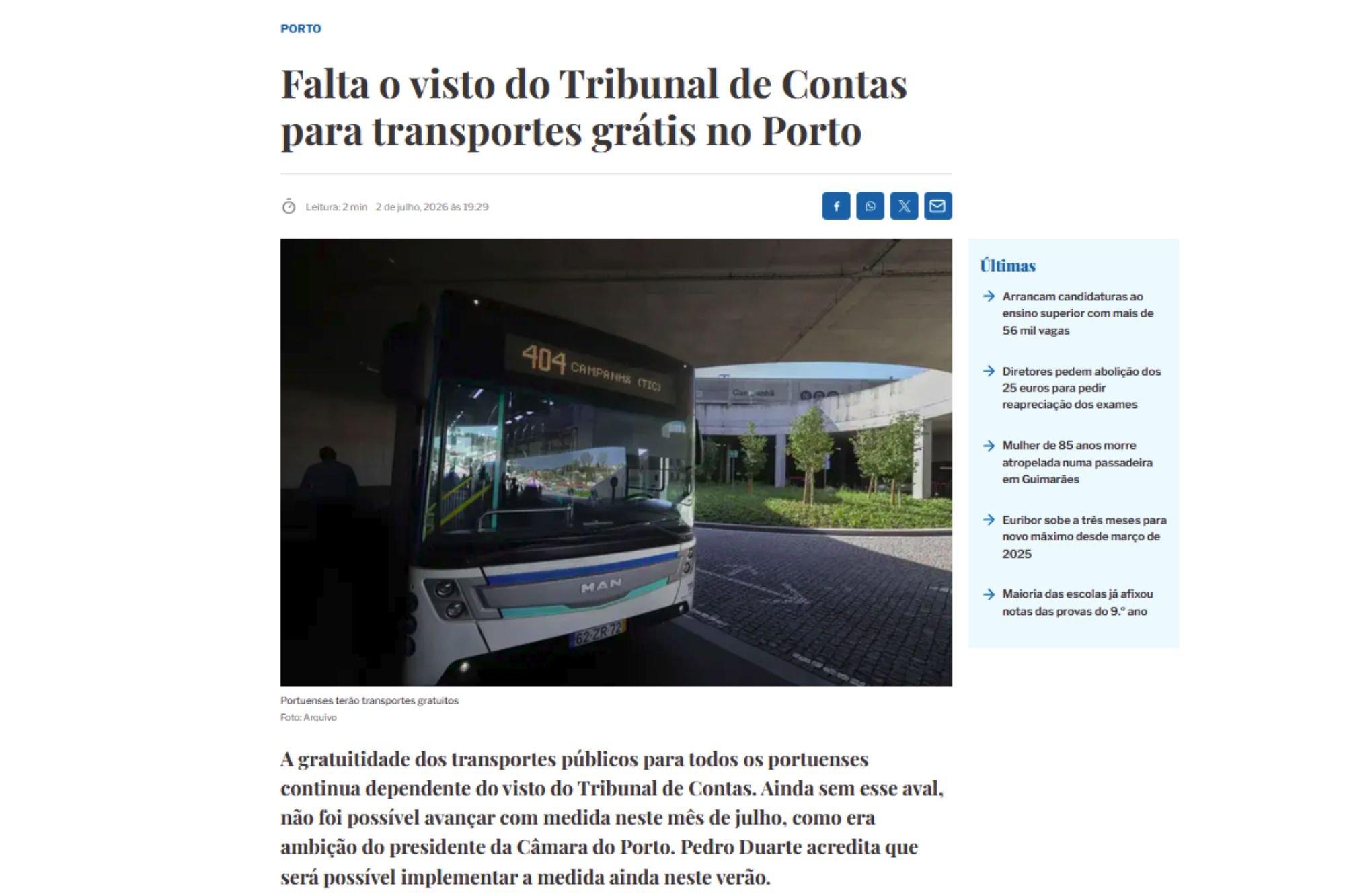 Falta o visto do Tribunal de Contas para transportes grátis no Porto