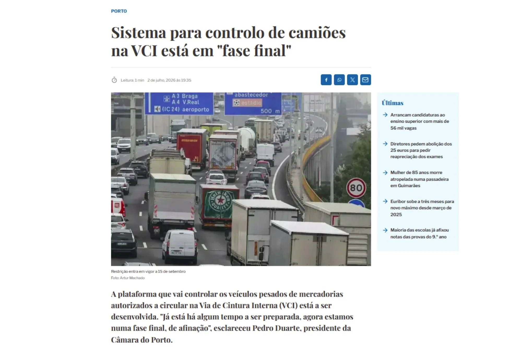 Sistema para controlo de camiões na VCI está em "fase final"