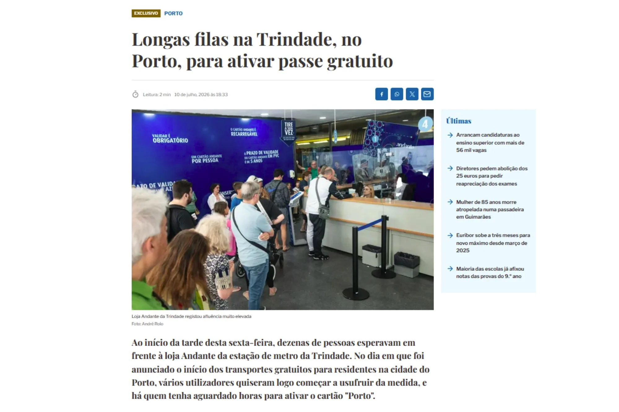 Longas filas na Trindade, no Porto, para ativar passe gratuito