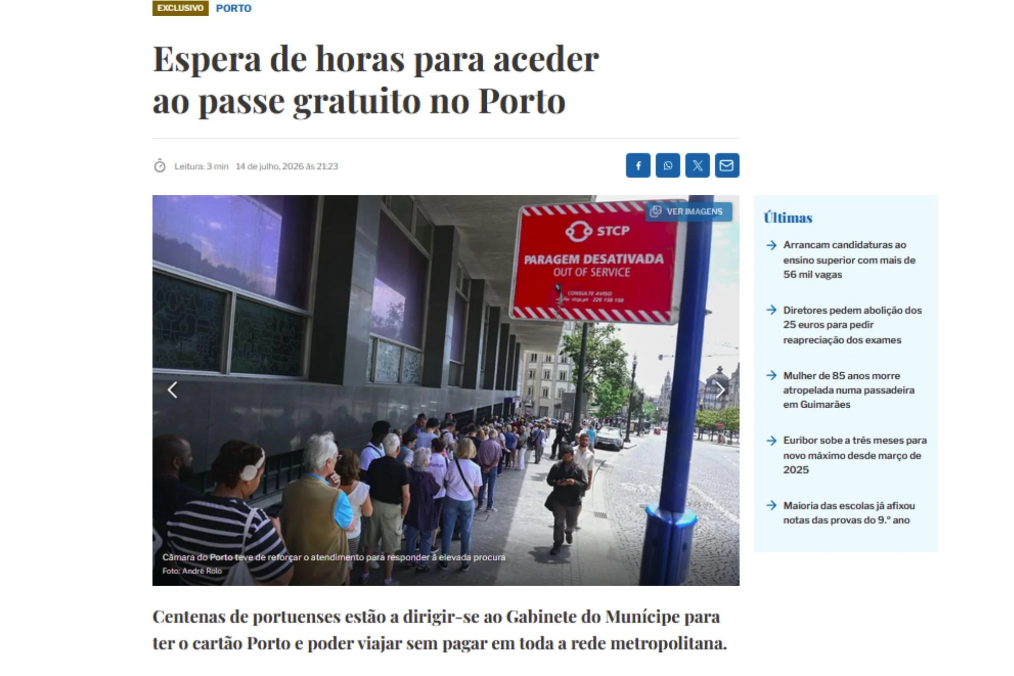 Espera de horas para aceder ao passe gratuito no Porto