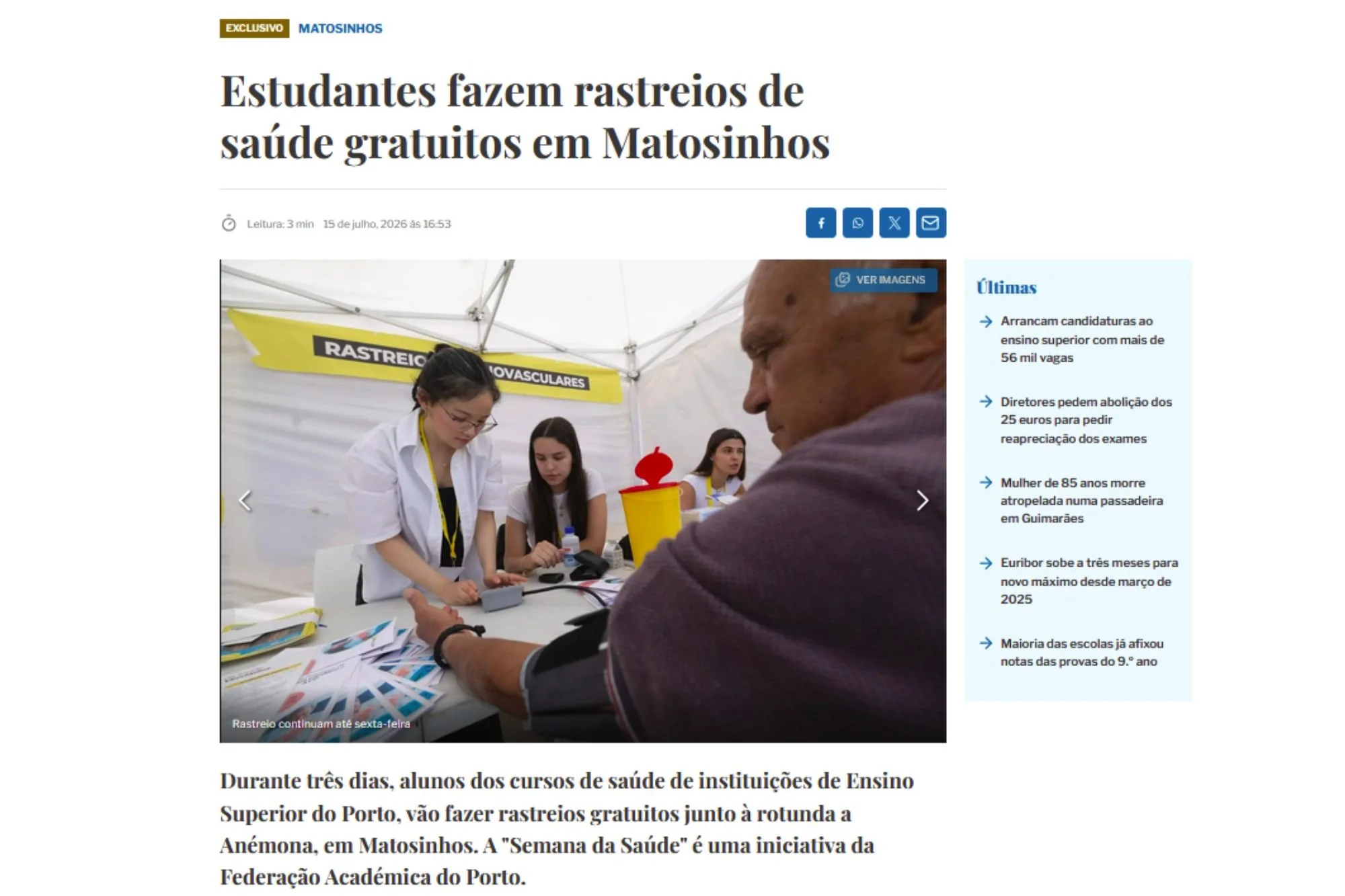 Estudantes fazem rastreios de saúde gratuitos em Matosinhos