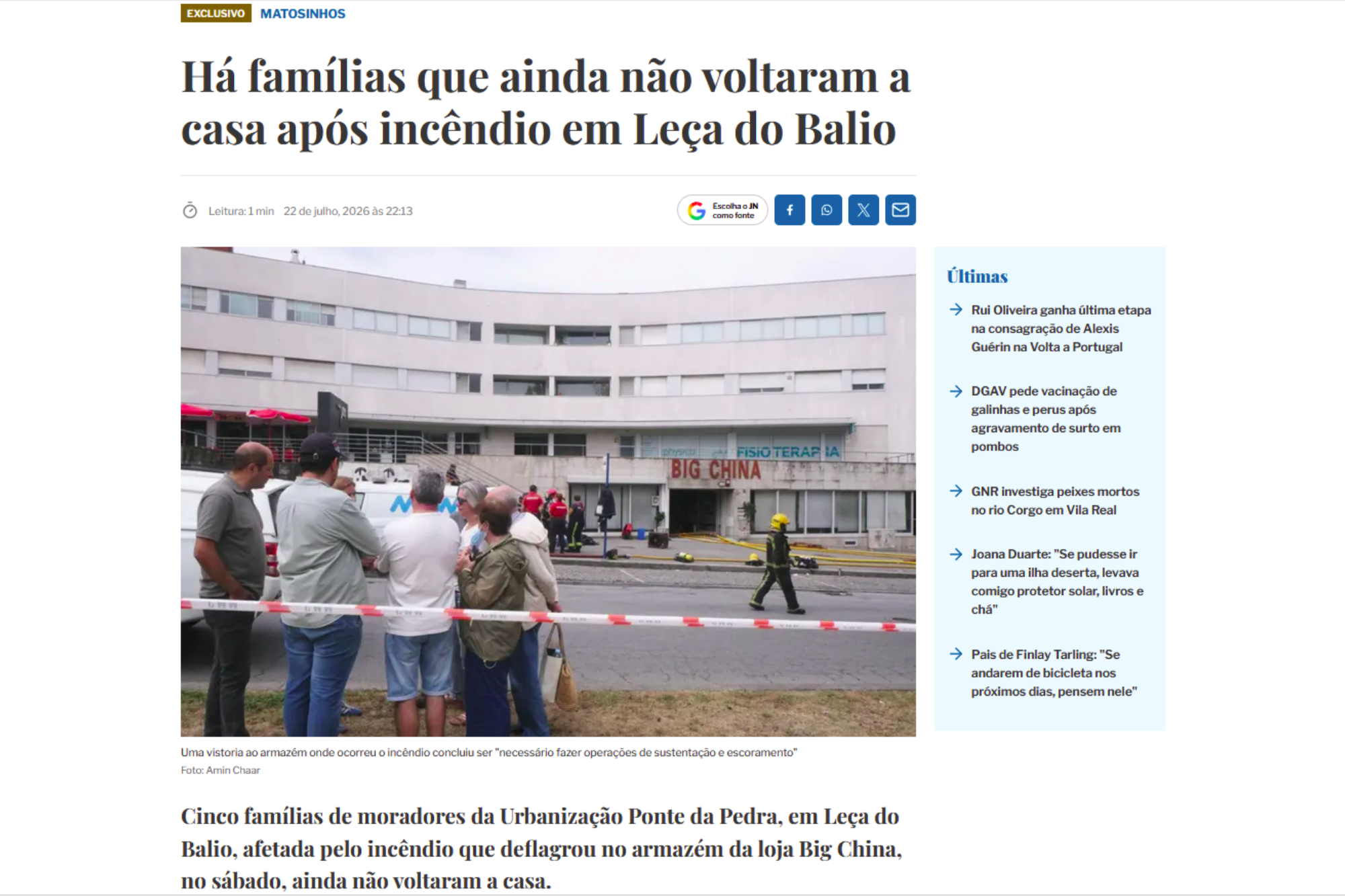 Há famílias que ainda não voltaram a casa após incêndio em Leça do Balio