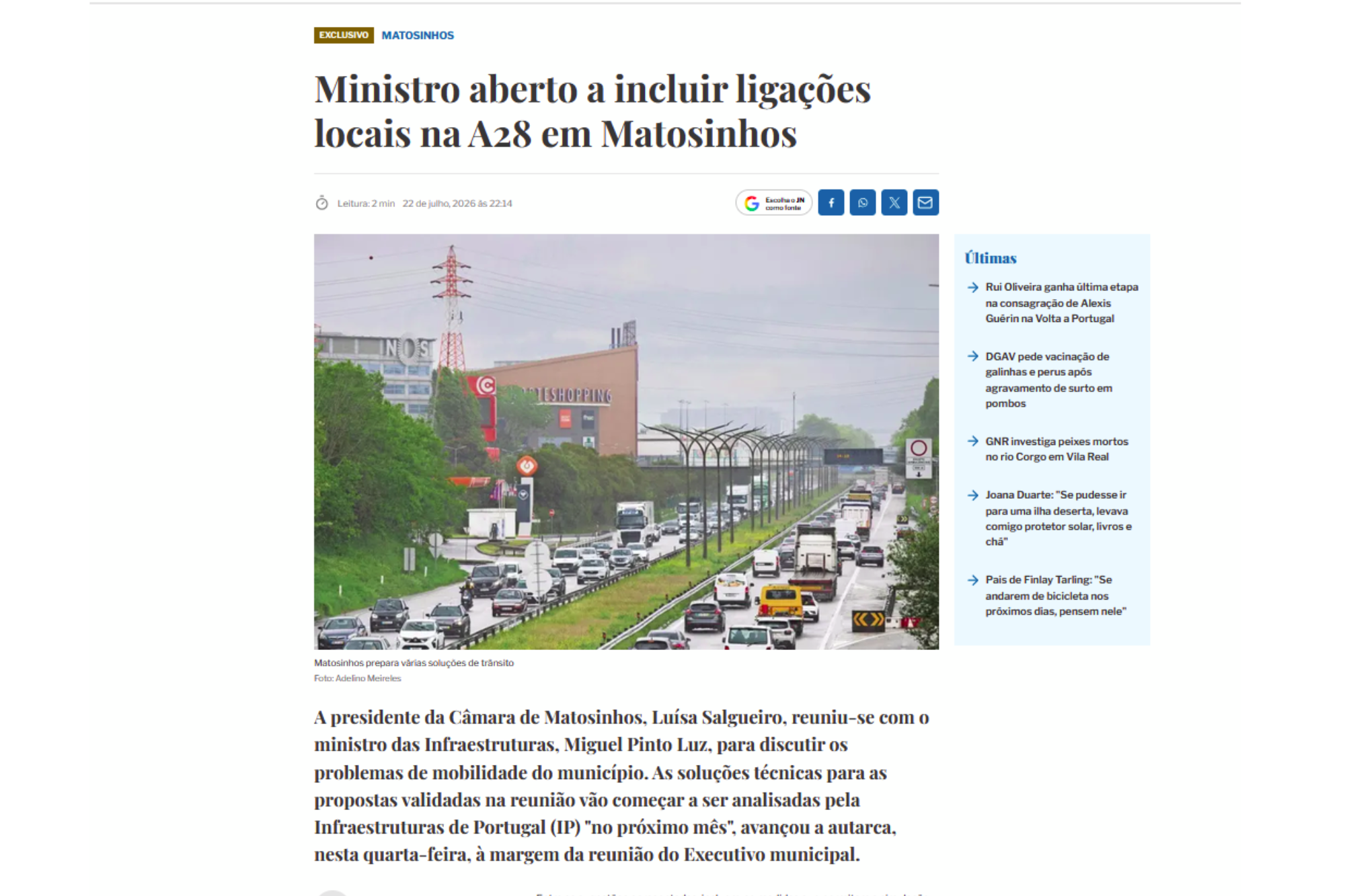 Ministro aberto a incluir ligações locais na A28 em Matosinhos