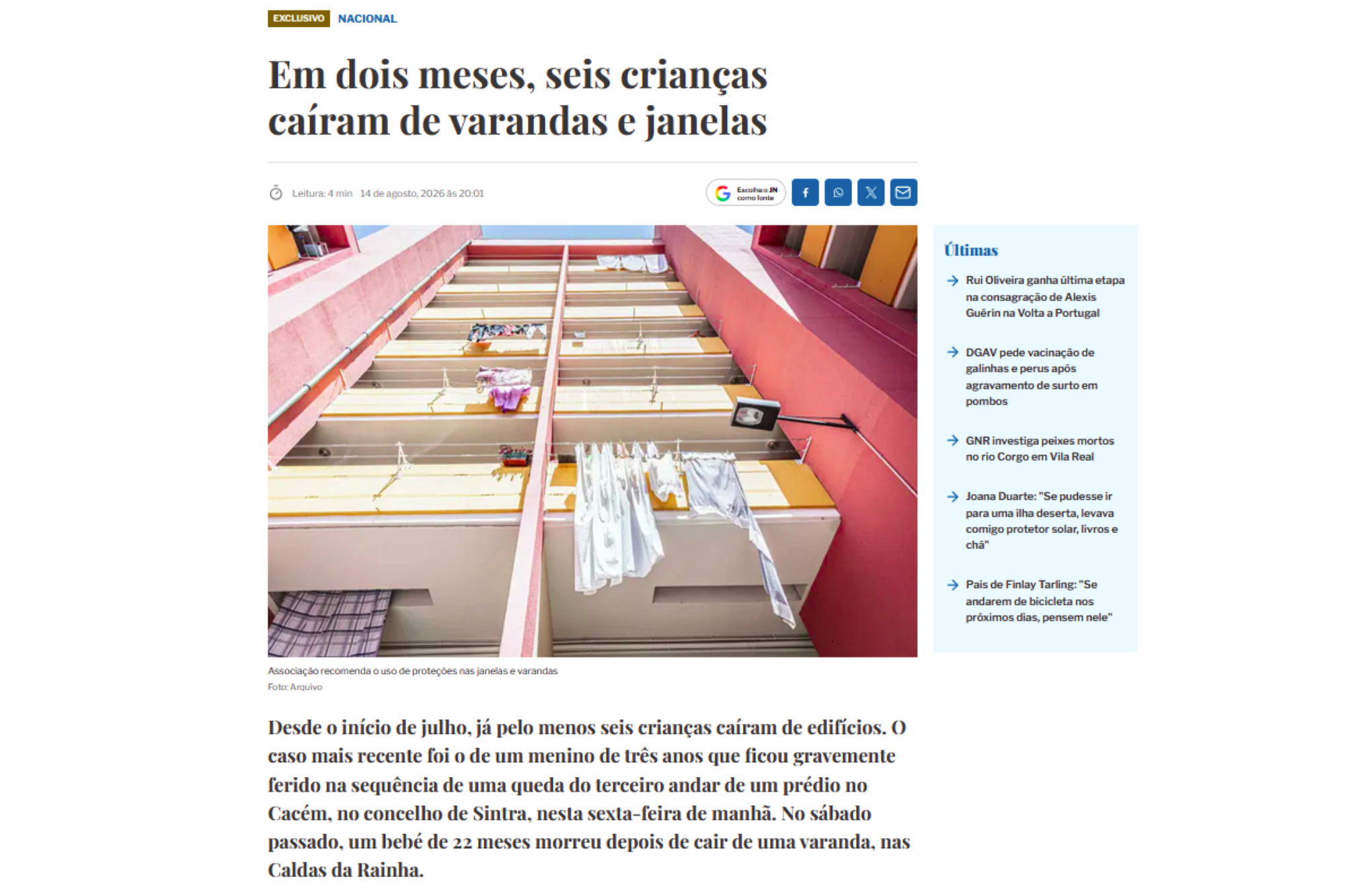 Em dois meses, seis crianças caíram de varandas e janelas