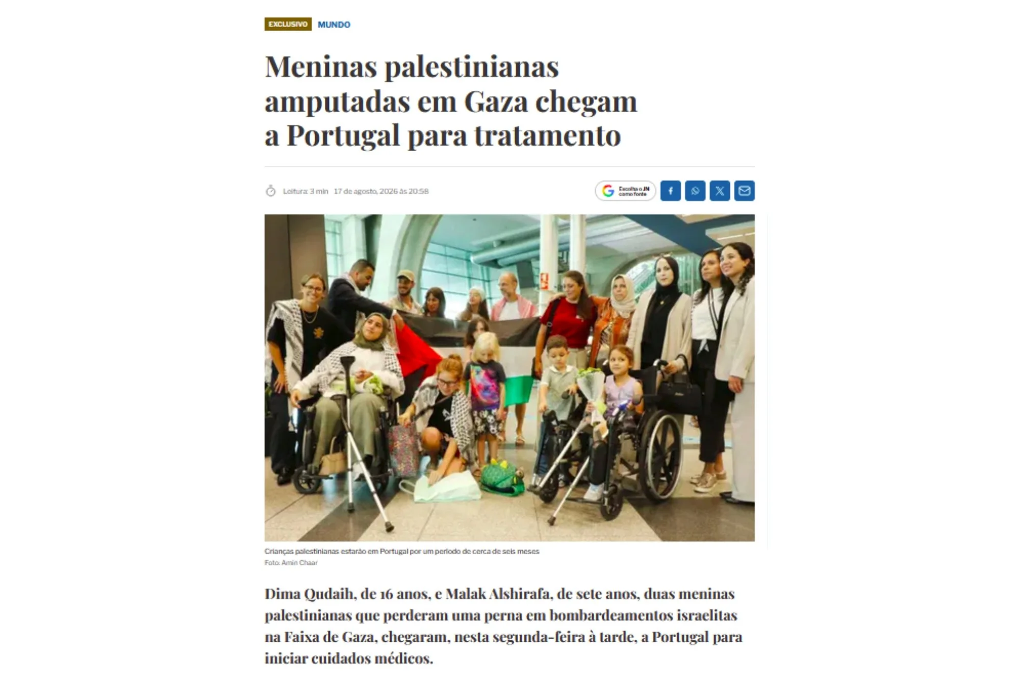 Meninas palestinianas amputadas em Gaza chegam a Portugal para tratamento