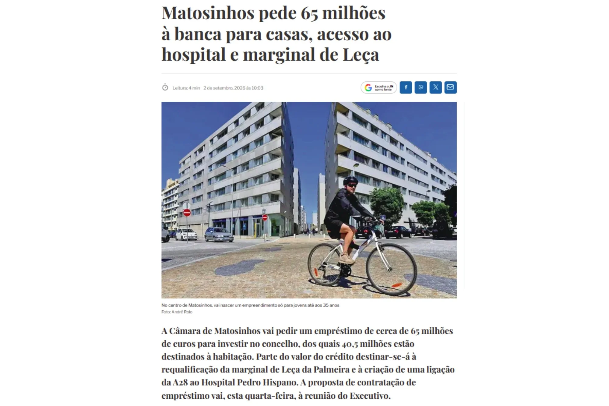 Matosinhos pede 65 milhões à banca para casas, acesso ao hospital e marginal de Leça