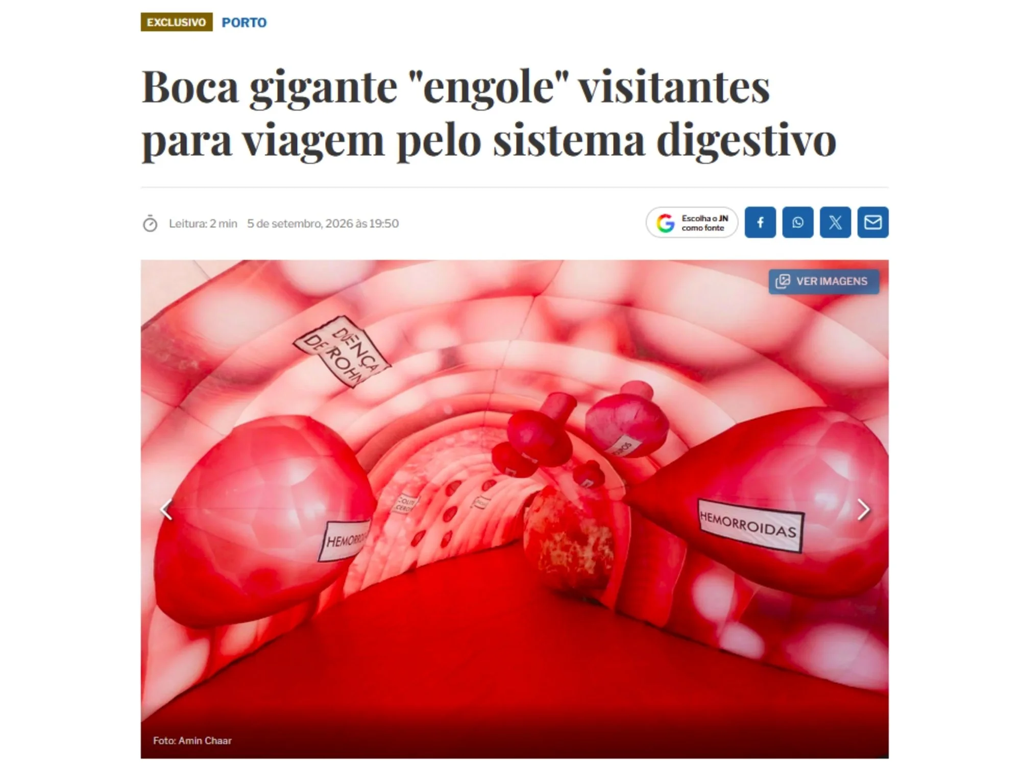 Boca gigante "engole" visitantes para viagem pelo sistema digestivo