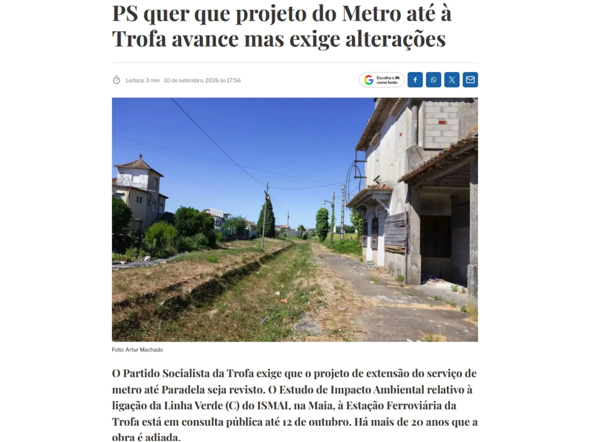 PS quer que projeto do Metro até à Trofa avance, mas exige alterações