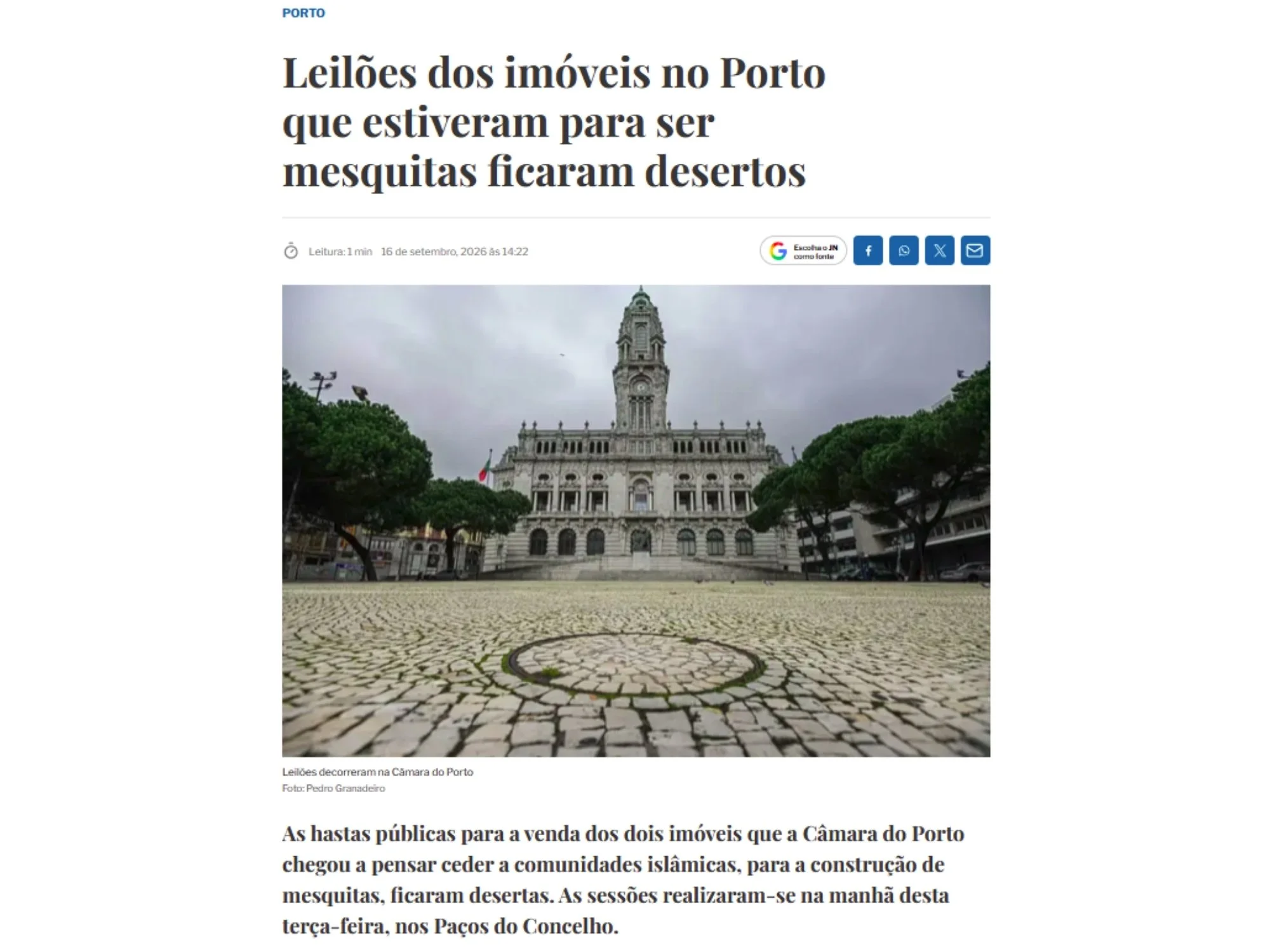 Leilões dos imóveis no Porto que estiveram para ser mesquitas ficaram desertos