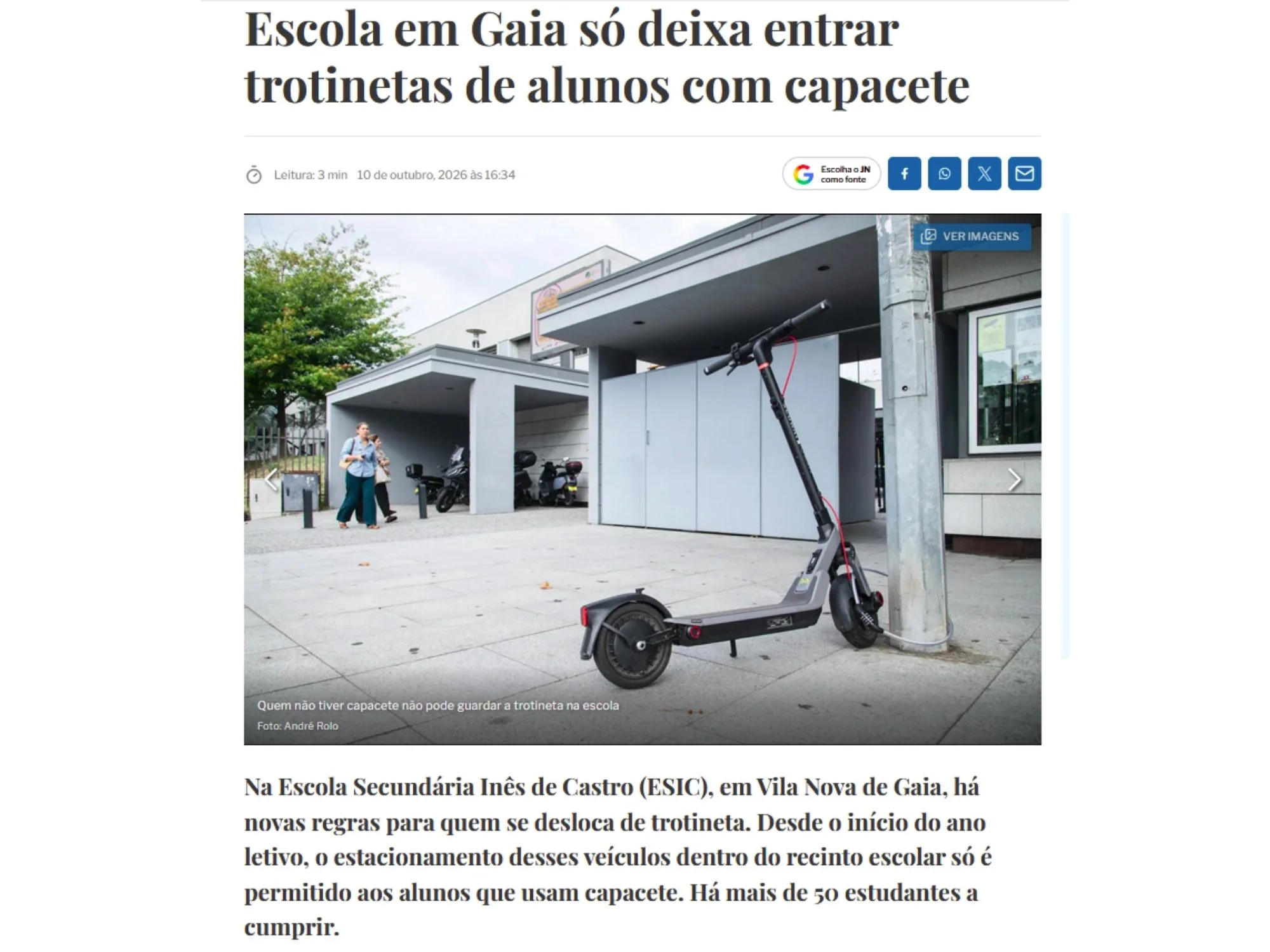 Escola em Gaia só deixa entrar trotinetas de alunos com capacete