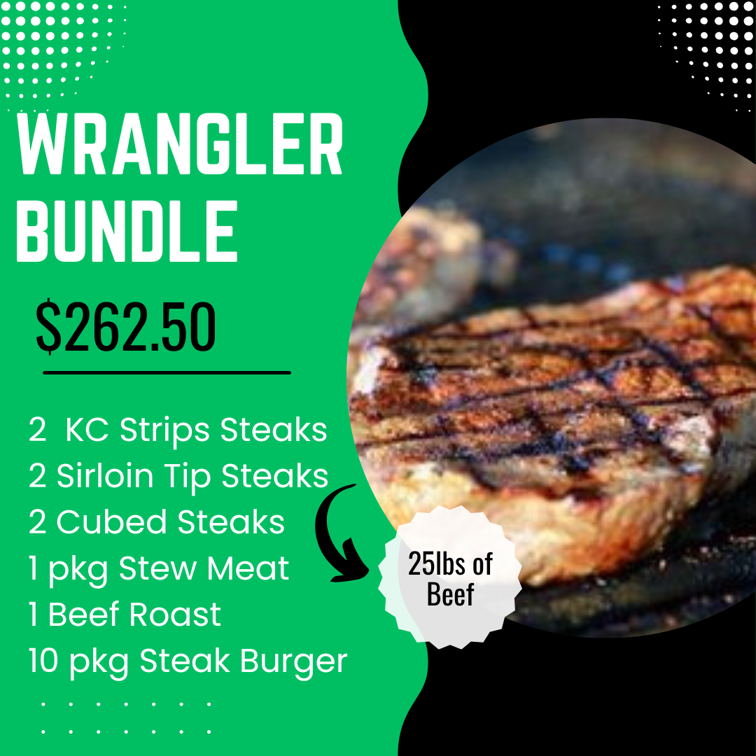 Elm Creek Beef Promotional flyer for a beef bundle featuring steaks and ground beef with a photo of grilled meat and a list of included items, priced at $262.50.