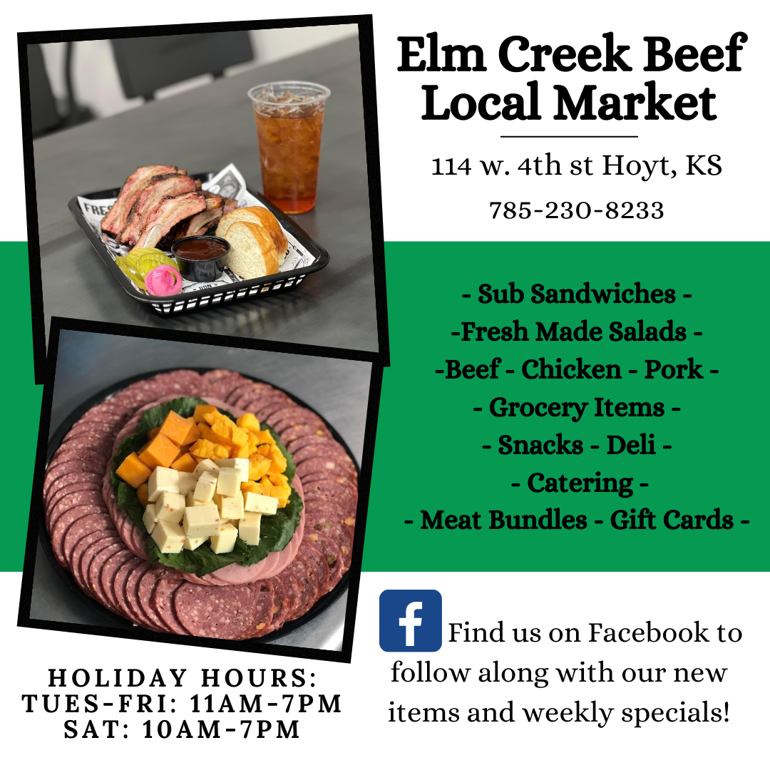 Flyer for Elm Creek Beef Local Market with photos of a sandwich, a meat and cheese platter, and a drink. a list of products and services including sub sandwiches, salads, meat bundles, and catering.