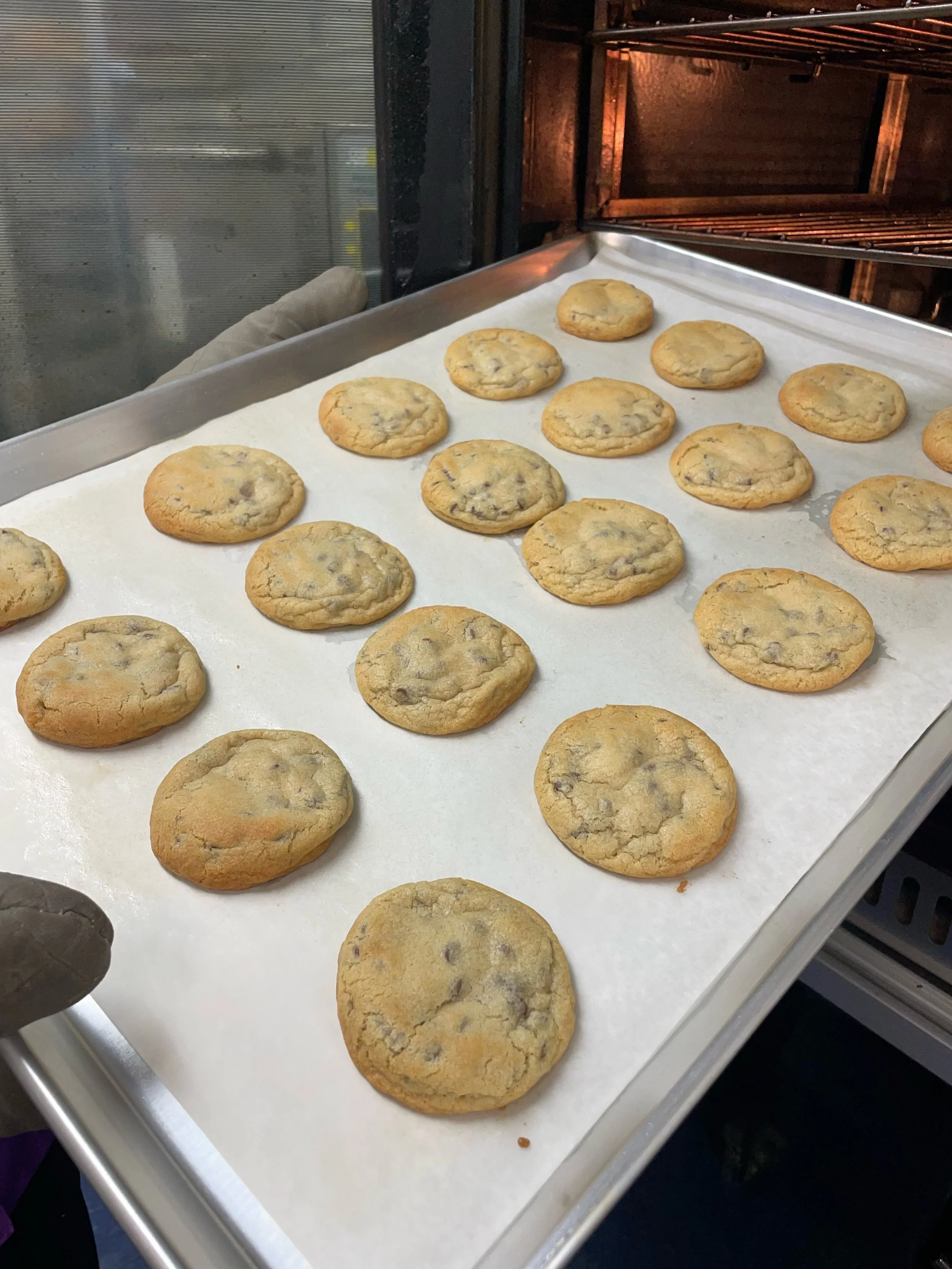 Elm Creek Beef A tray of freshly baked chocolate chip cookies cools in an oven behind a glass door.