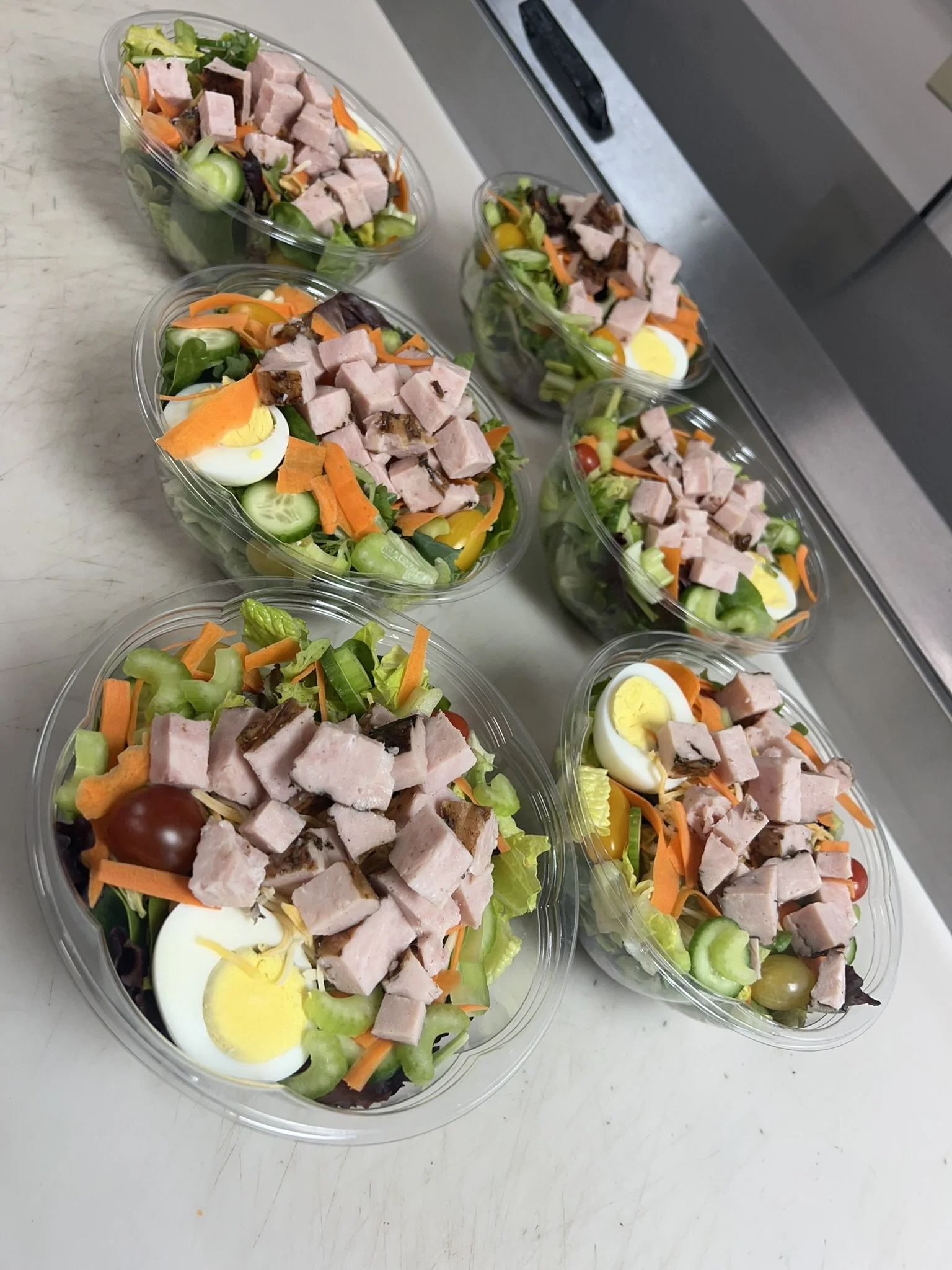 Elm Creek Beef Five plastic bowls of cooked chicken salad with lettuce, cucumbers, cherry tomatoes, carrots, hard-boiled eggs, and green onions on a white surface in a kitchen.