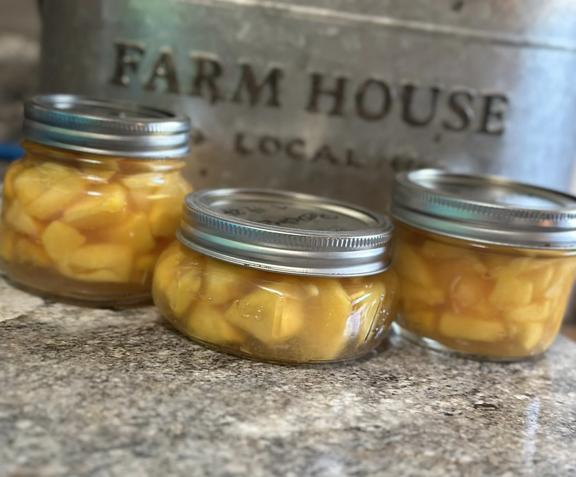 Elm Creek Beef Three small glass jars filled with canned peaches on a speckled countertop, with a metal farm-themed sign in the background.
