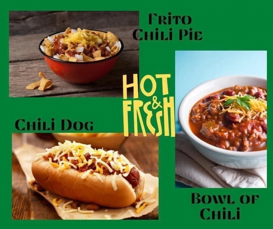 Elm Creek Beef Image features three chili dishes: Frito chili pie in a red bowl, chili dog with shredded cheese in a bun, and a bowl of chili garnished with herbs and cheese. The background is green with text labeling.