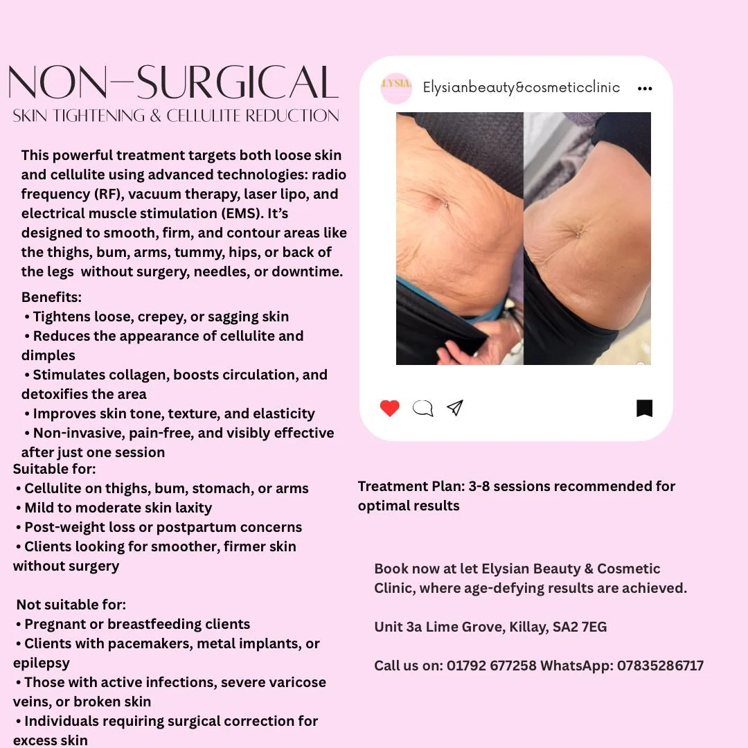 An informational flyer advertising non-surgical skin tightening and cellulite reduction treatments. It highlights the technology used, benefits, suitable candidates, and contact information for Elysian Beauty & Cosmetic Clinic. The flyer includes a before and after photo of a person's abdominal area showing skin tightening results.