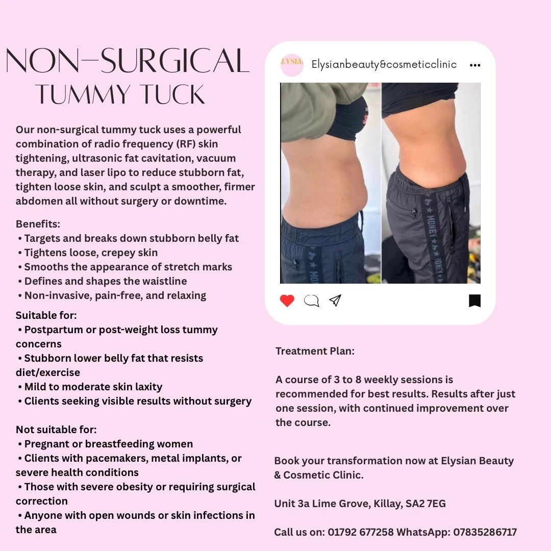 Advertisement for non-surgical tummy tuck with before and after photos showing a slimmer waistline.