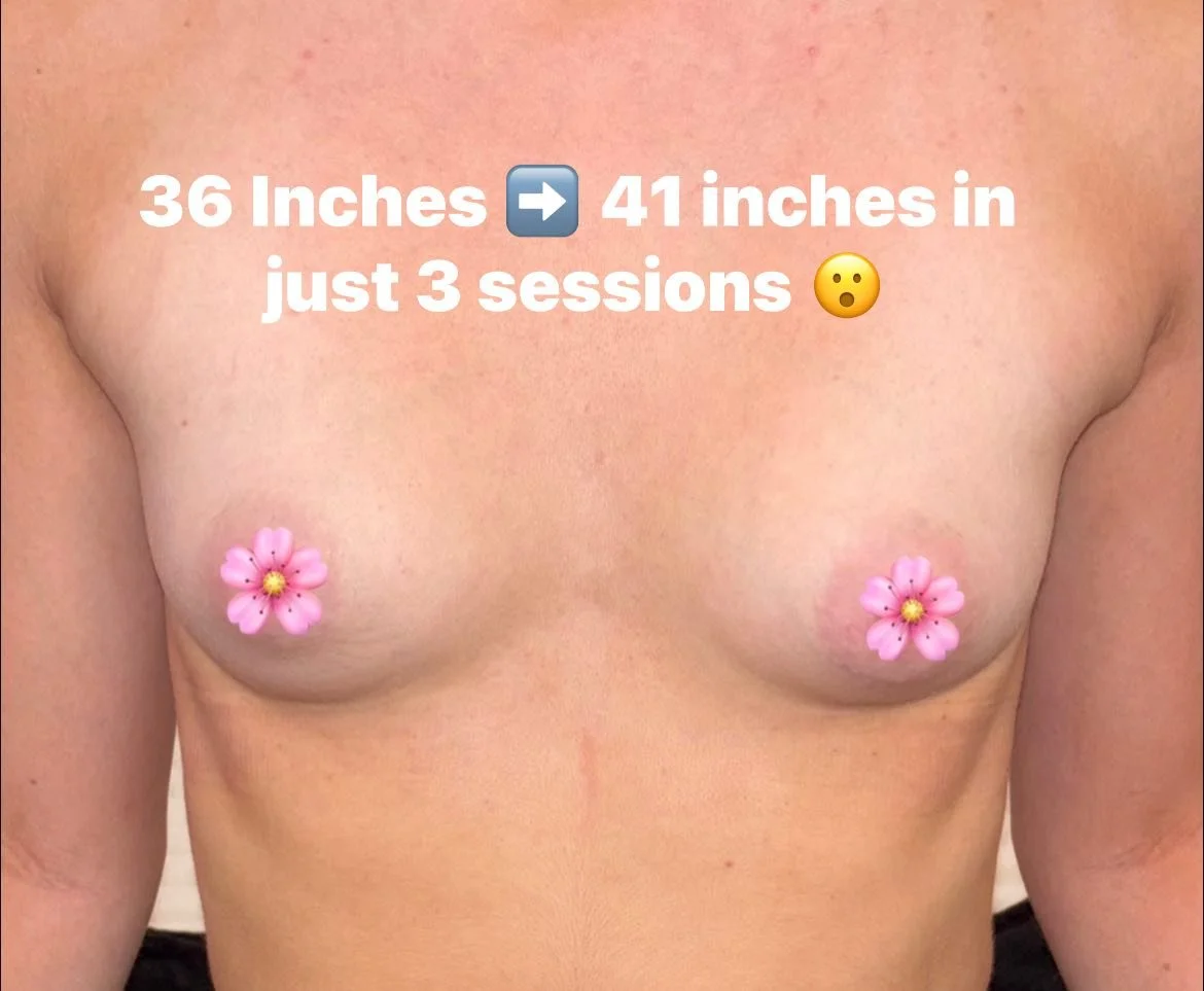 Close-up of a bare woman's chest with pink flower stickers covering her nipples, with overlaid text indicating increased breast size over three sessions.