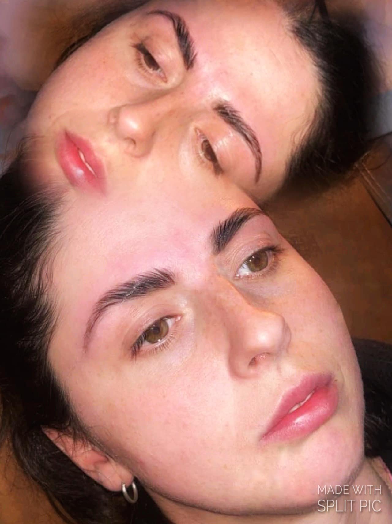 Two women with dark hair lying close together, both showing their faces with minimal makeup and natural features.
