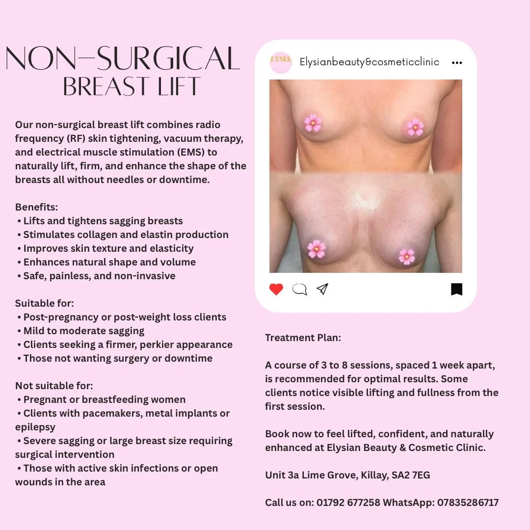 Poster advertising non-surgical breast lift treatment by Elysian Beauty & Cosmetic Clinic, showing before and after photos of a woman's chest, with brief treatment description, benefits, and contact information.
