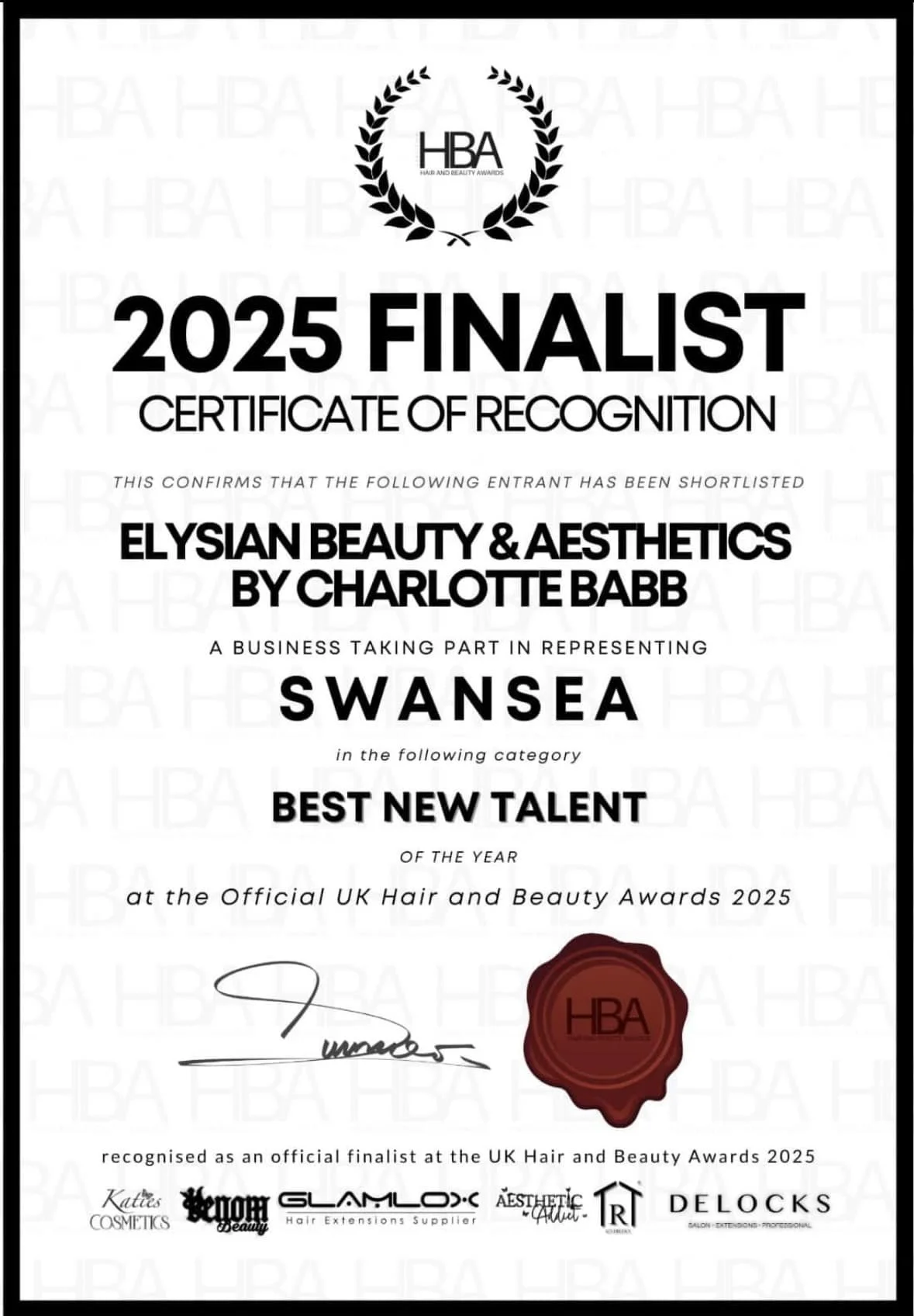 Certificate of recognition for Elysian Beauty & Aesthetics by Charlotte Babb as a finalist in the Best New Talent category at the UK Hair and Beauty Awards 2025, featuring a black and white design with the HBA logo at the top, a red wax seal at the bottom, and signatures.