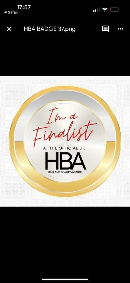 Digital badge with a gold border, red cursive text saying 'I'm a Finalist' and black text for the UK HBA Hair and Beauty Awards.