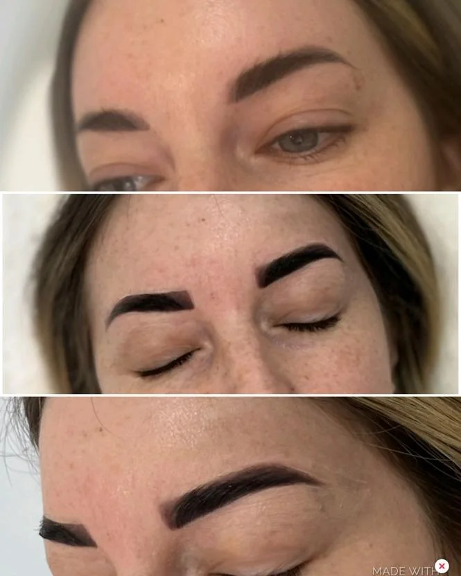 Close-up of a woman's face showing before, during, and after eyebrow makeup application with natural, filled, and defined eyebrows.