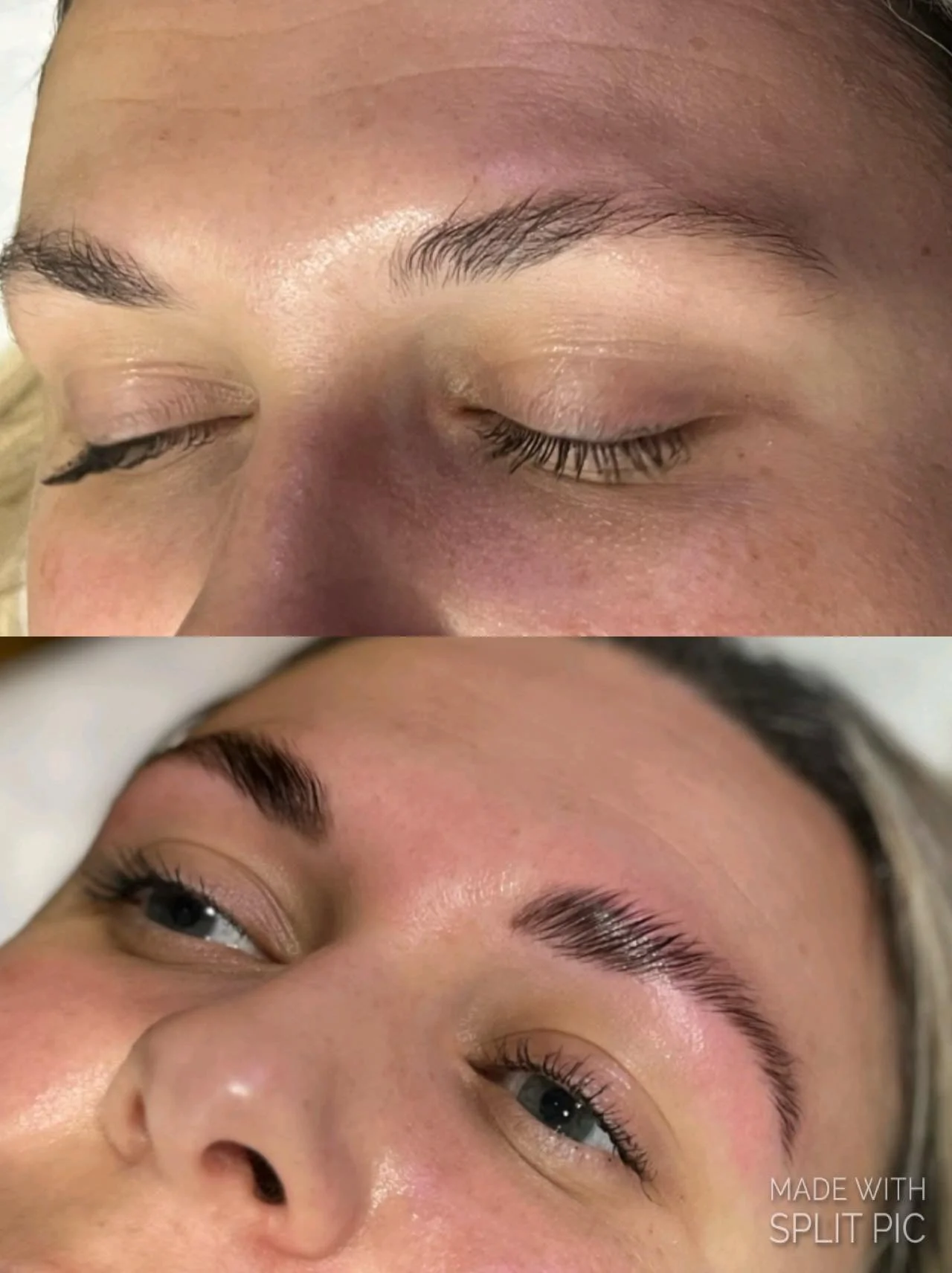 Close-up images showing before and after results of eyebrow grooming or waxing, with the eyebrow area appearing more defined and shaped in the after image.