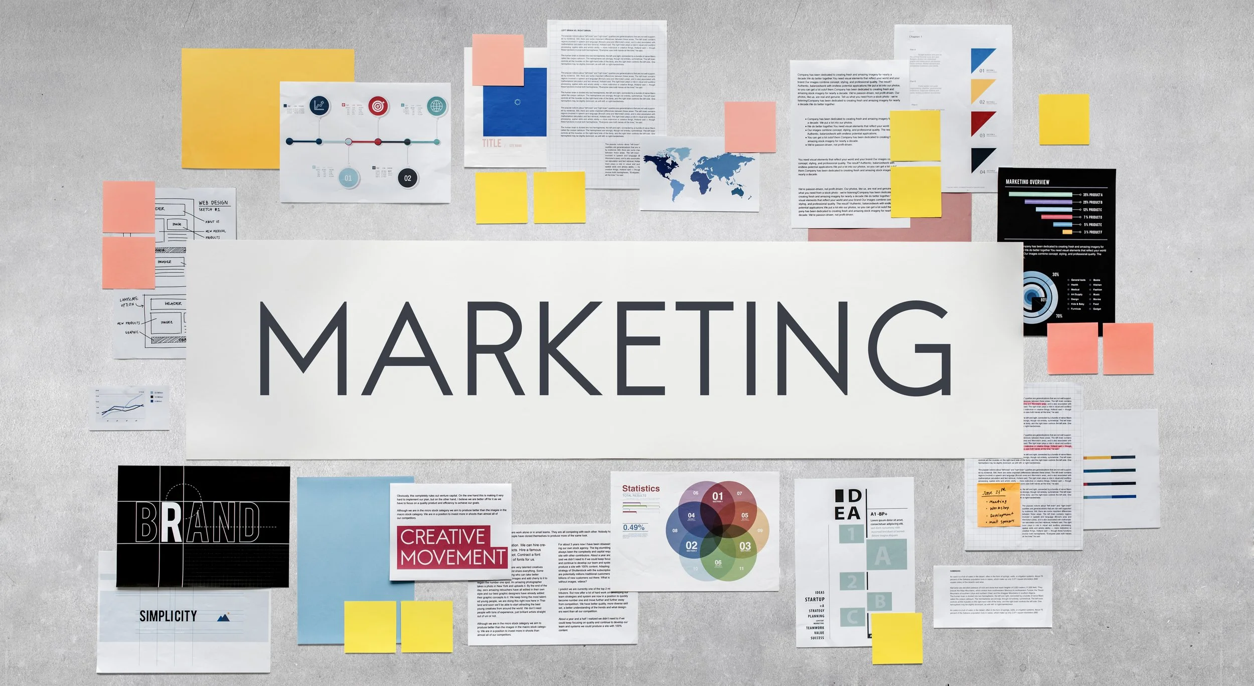 A large white card with the word 'MARKETING' in bold black letters, surrounded by various documents, charts, and sticky notes on a gray surface.