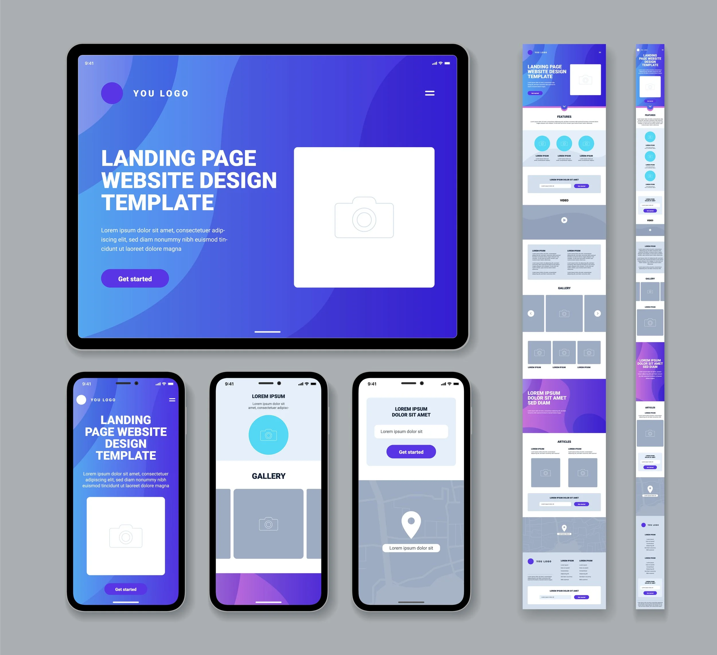 Collection of website mockups displaying a landing page design template on desktop and mobile screens, featuring blue and purple color schemes, placeholder images, text, and icons.