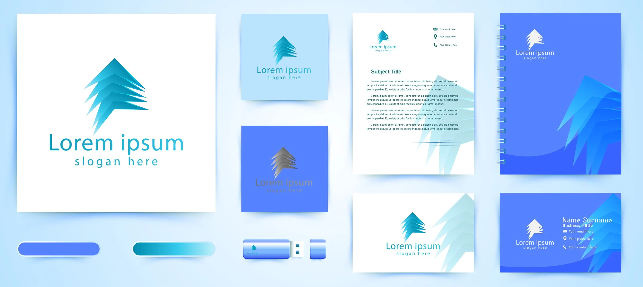 Collection of branding materials including business card, letterhead, notebook, and USB drive, all featuring a logo of layered blue and gray shapes resembling a stylized mountain or pine tree, with placeholder text for branding and contact information.