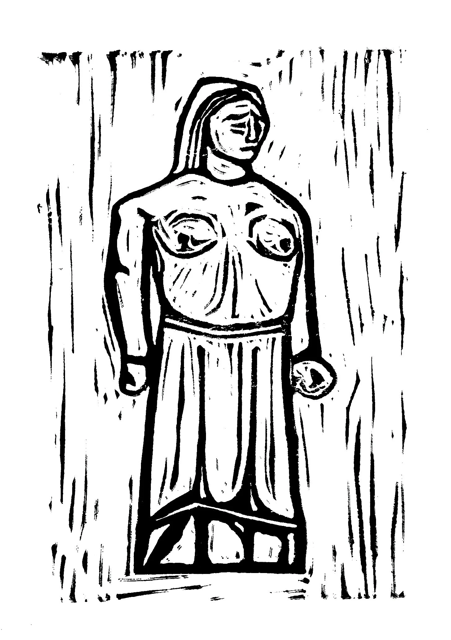 No. 7, Monument to WOmen Fighters/ Macedonian Woman, Original Monument by Barka Avramovska, Tetovo, North Macedonia, 1961. Printed lino cut.