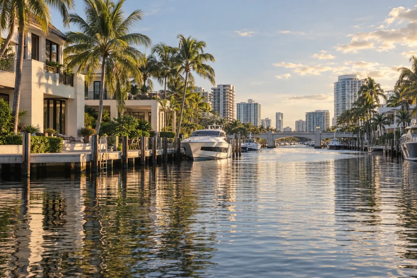 AI-generated illustration of Fort Lauderdale, Florida with canal-side homes, palms and boats.