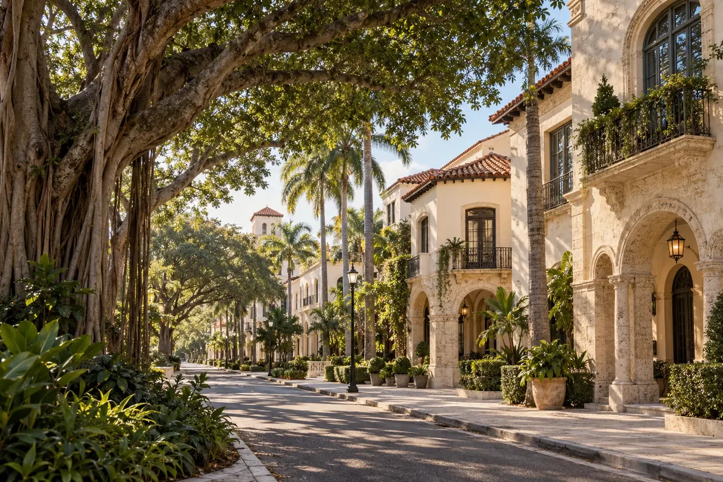 AI-generated illustration of Coral Gables, Florida with Mediterranean Revival buildings and a banyan-shaded street.