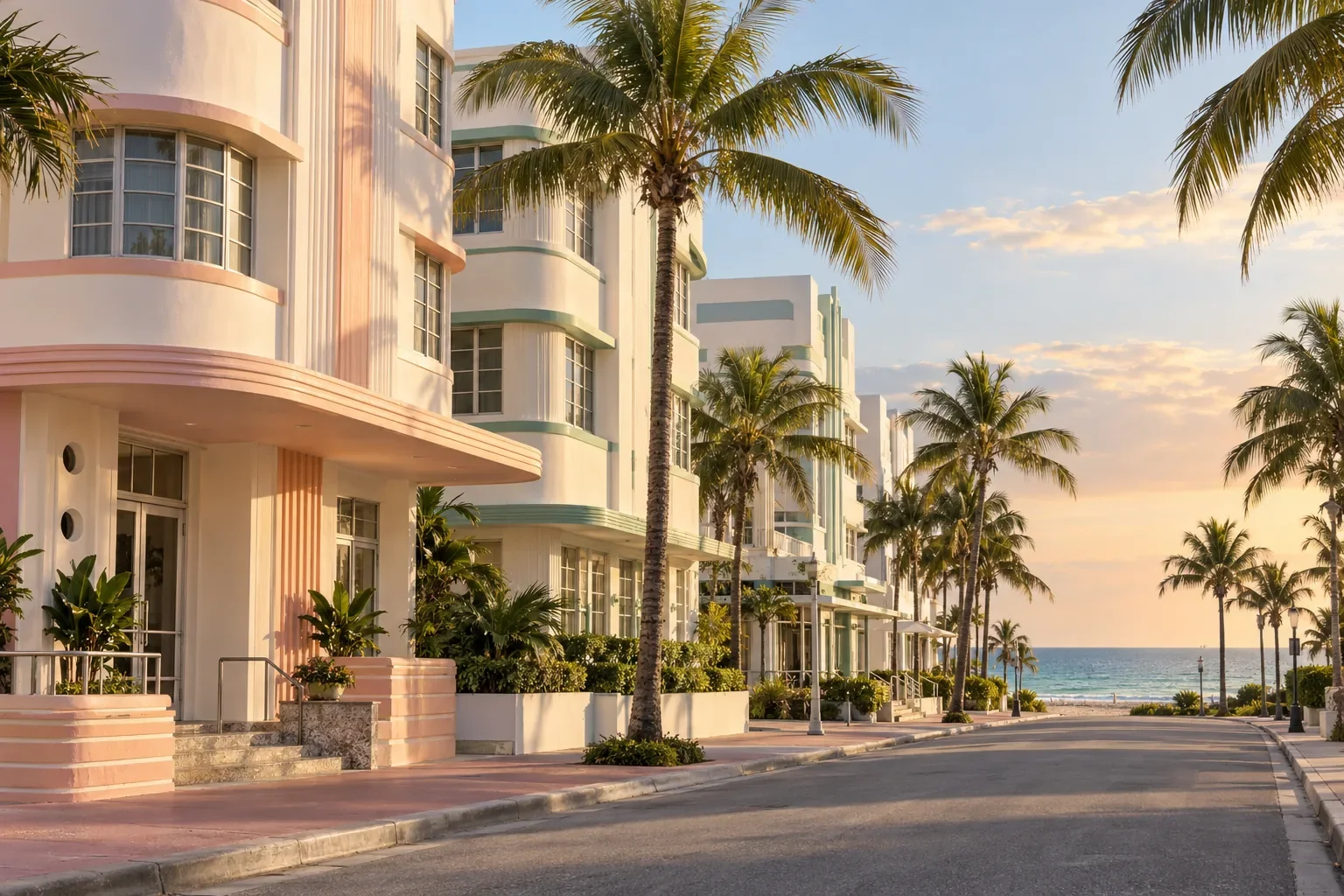 AI-generated illustration of Miami Beach with pastel Art Deco buildings, palm trees and a coastal view.