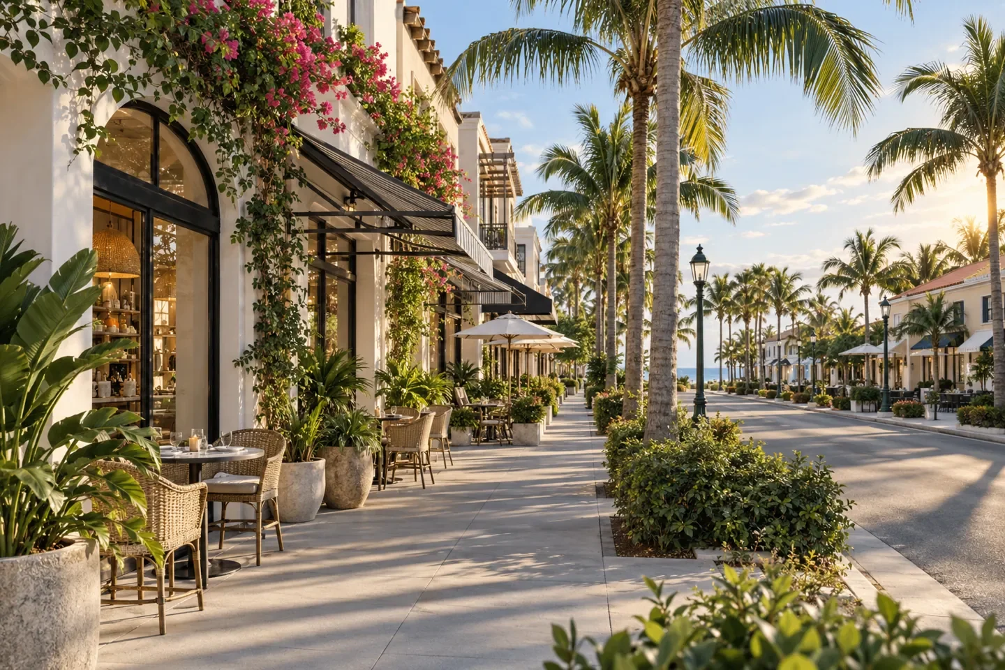 AI-generated illustration of Delray Beach, Florida with a palm-lined avenue with low-rise storefronts and sidewalk cafes.
