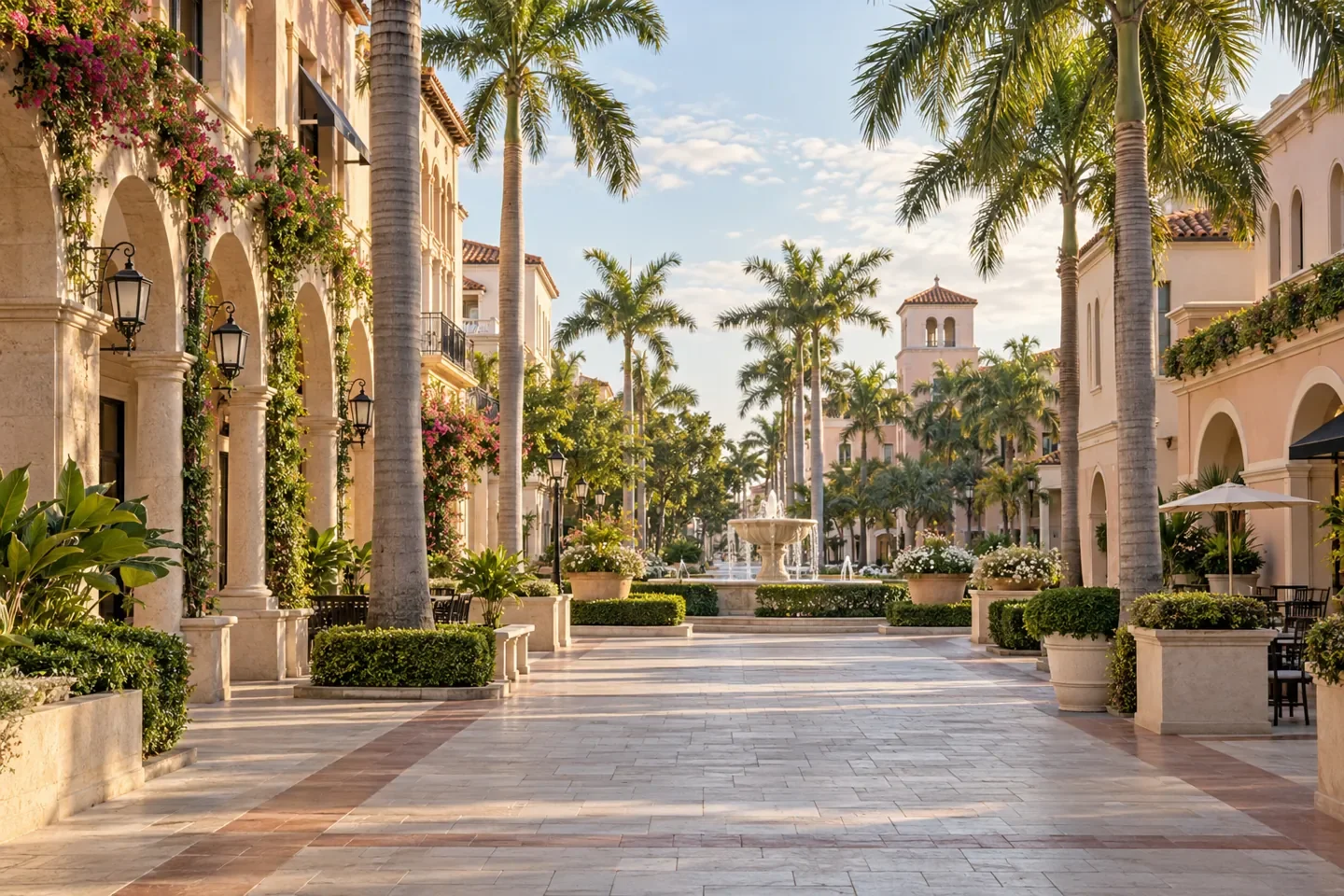 AI-generated illustration of Boca Raton, Florida, with Mediterranean Revival arcades, terracotta roofs and palms.