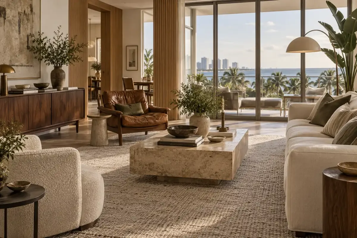 AI-generated living room with a wood sideboard, brown armchair, cream sofa and stone coffee table beside windows overlooking palm trees and water.