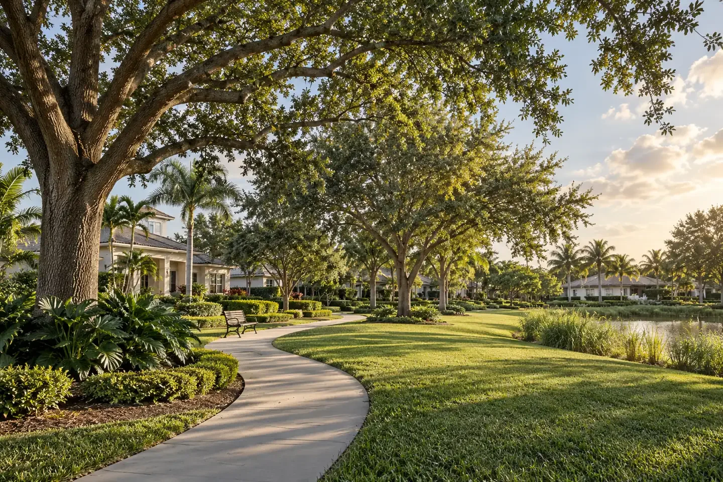 AI-generated illustration of Parkland, Florida with a leafy park path and open green space.