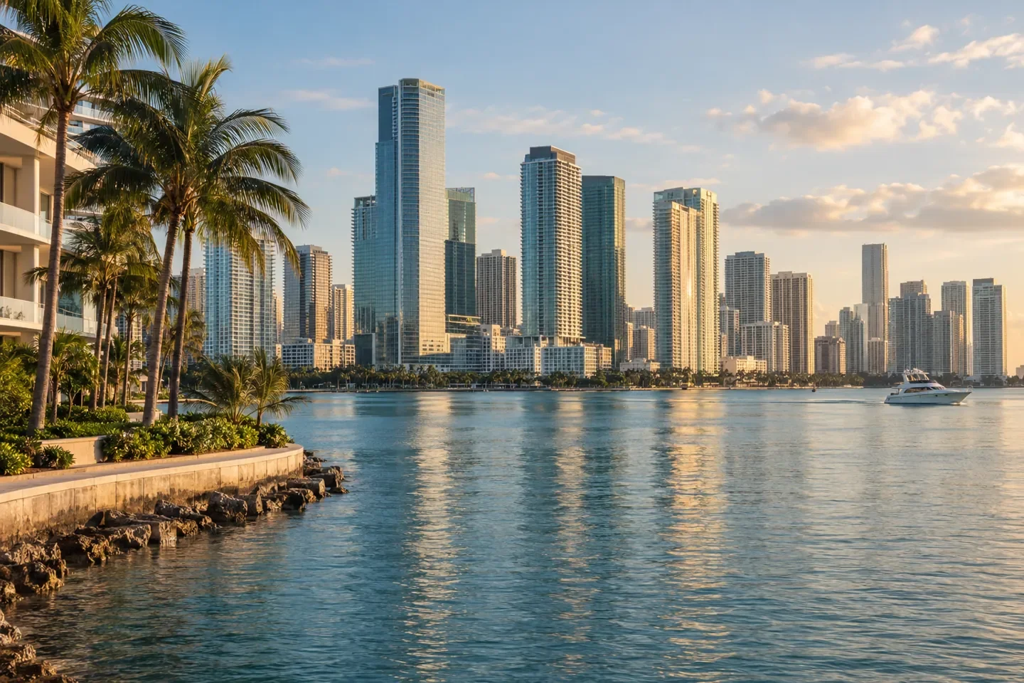 AI-generated illustration of Miami, Florida with a waterfront and downtown skyline.